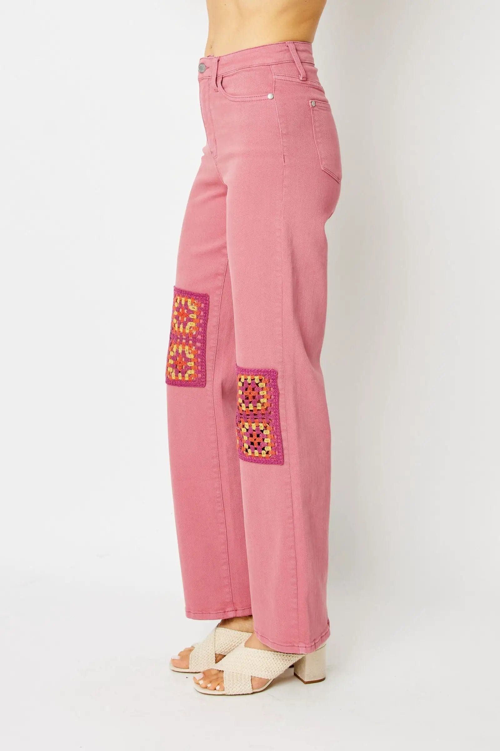 Grateful Threads Boutique Judy Blue High Waisted Dyed Crochet Patches Wide Dusty Rose Jeans - Jeans Judy Blue High Waisted Dyed Crochet Patches Wide Dusty Rose Jeans