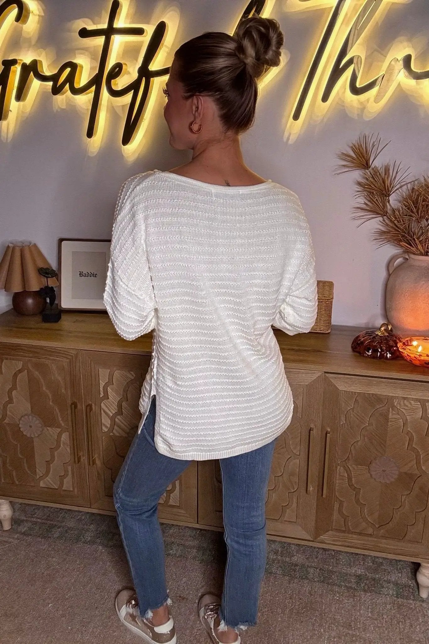Grateful Threads Boutique White Textured Knit Drop Shoulder Short Sleeve Sweater - Sweaters Beige Textured Knit Drop Shoulder Short Sleeve Sweater