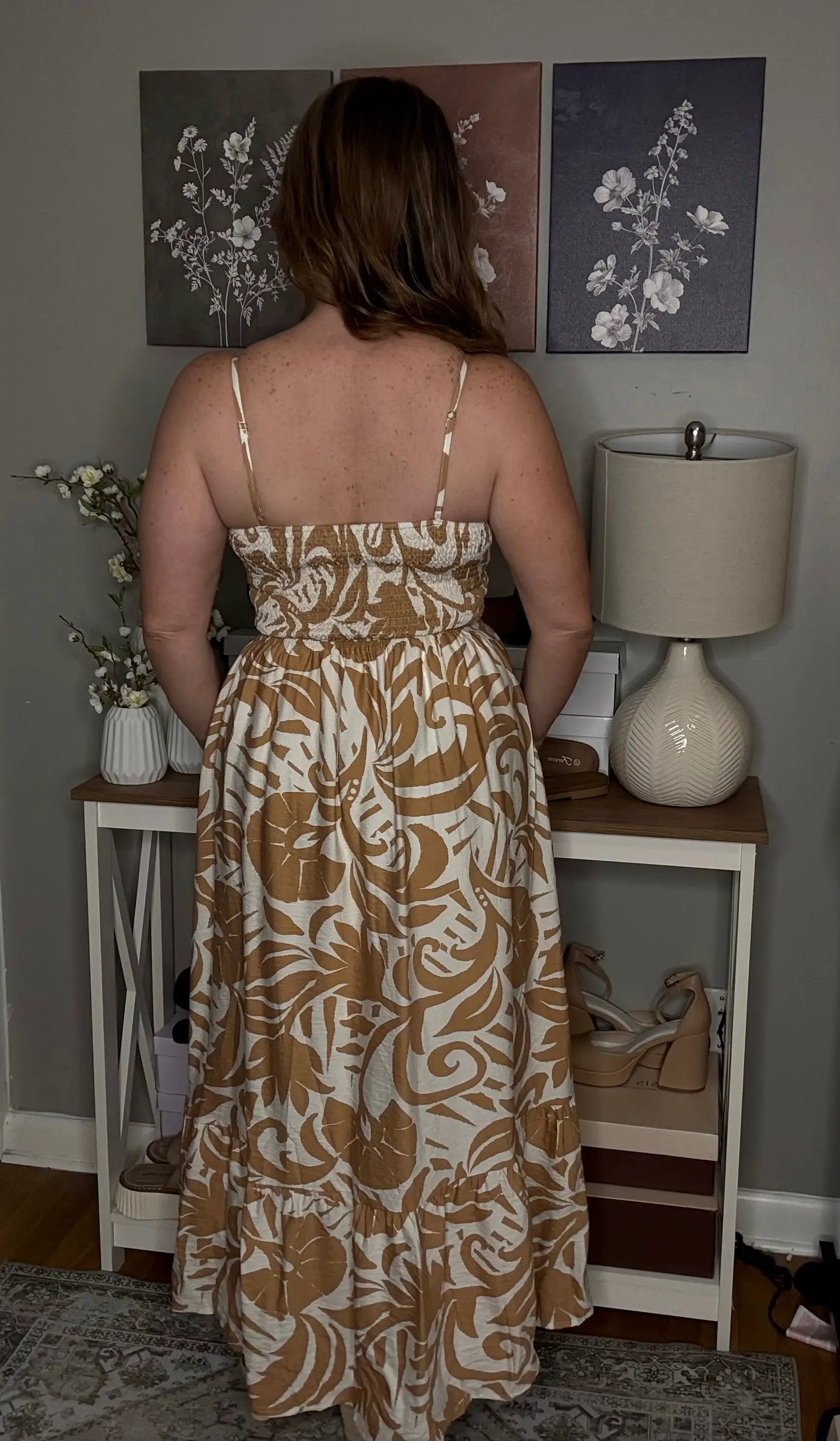Grateful Threads Boutique Khaki Floral Shirred High Waist Spaghetti Straps Maxi Dress - Dresses