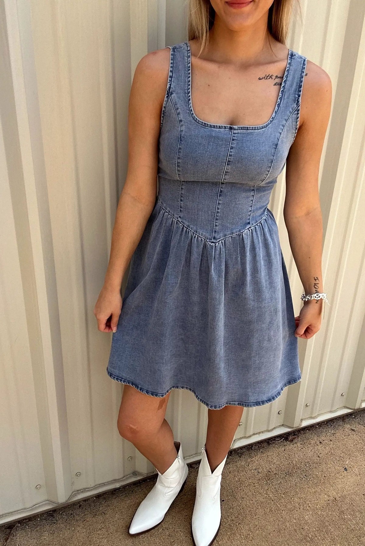 Grateful Threads Boutique Chambray Square Neck Bowknot A-line Sleeveless Denim Dress - Dresses Myosotis Square Neck Bowknot A-line Sleeveless Denim Dress