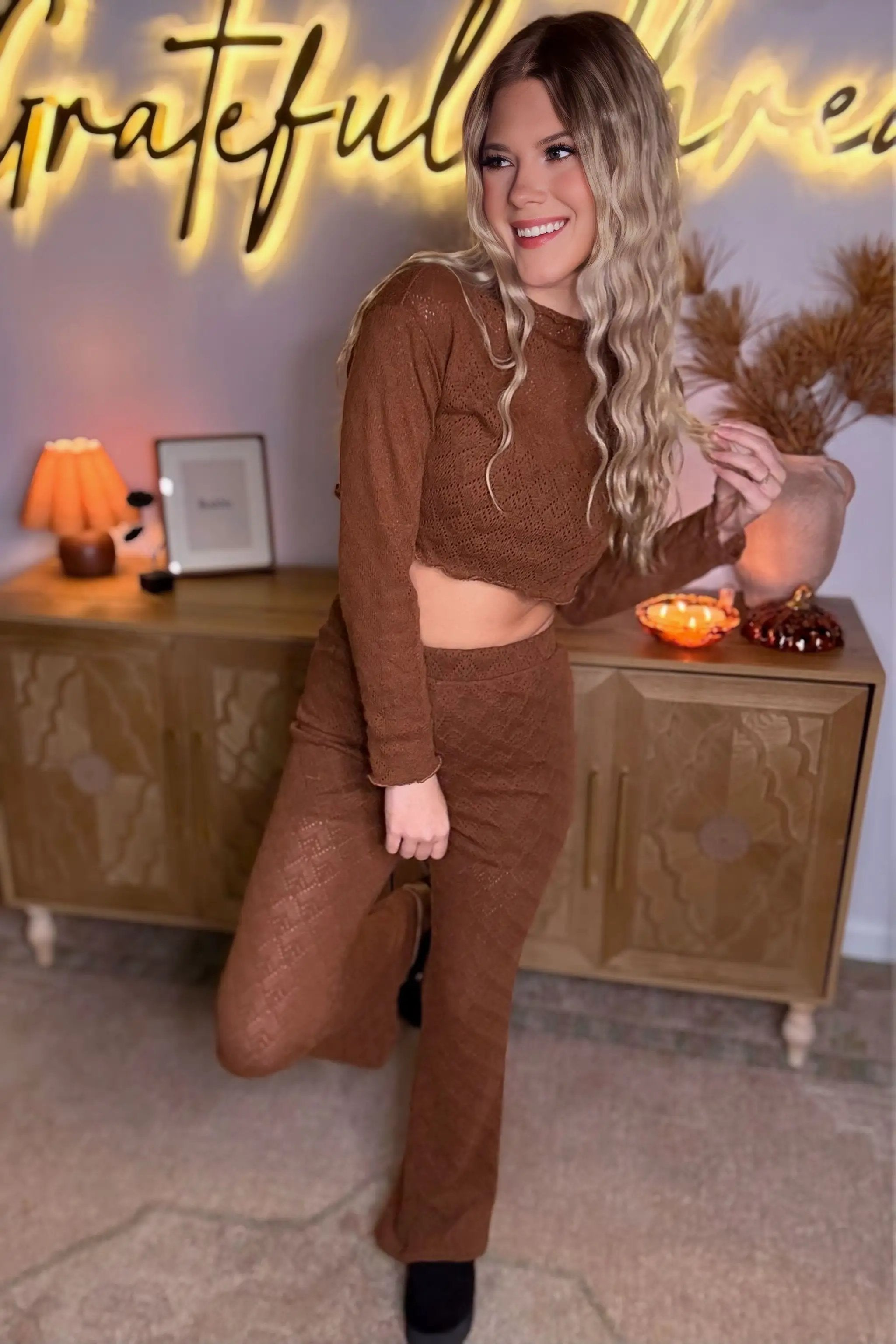 Le Lis Cocoa Comfort Knit Set - Outfit Sets Brown knit pants set