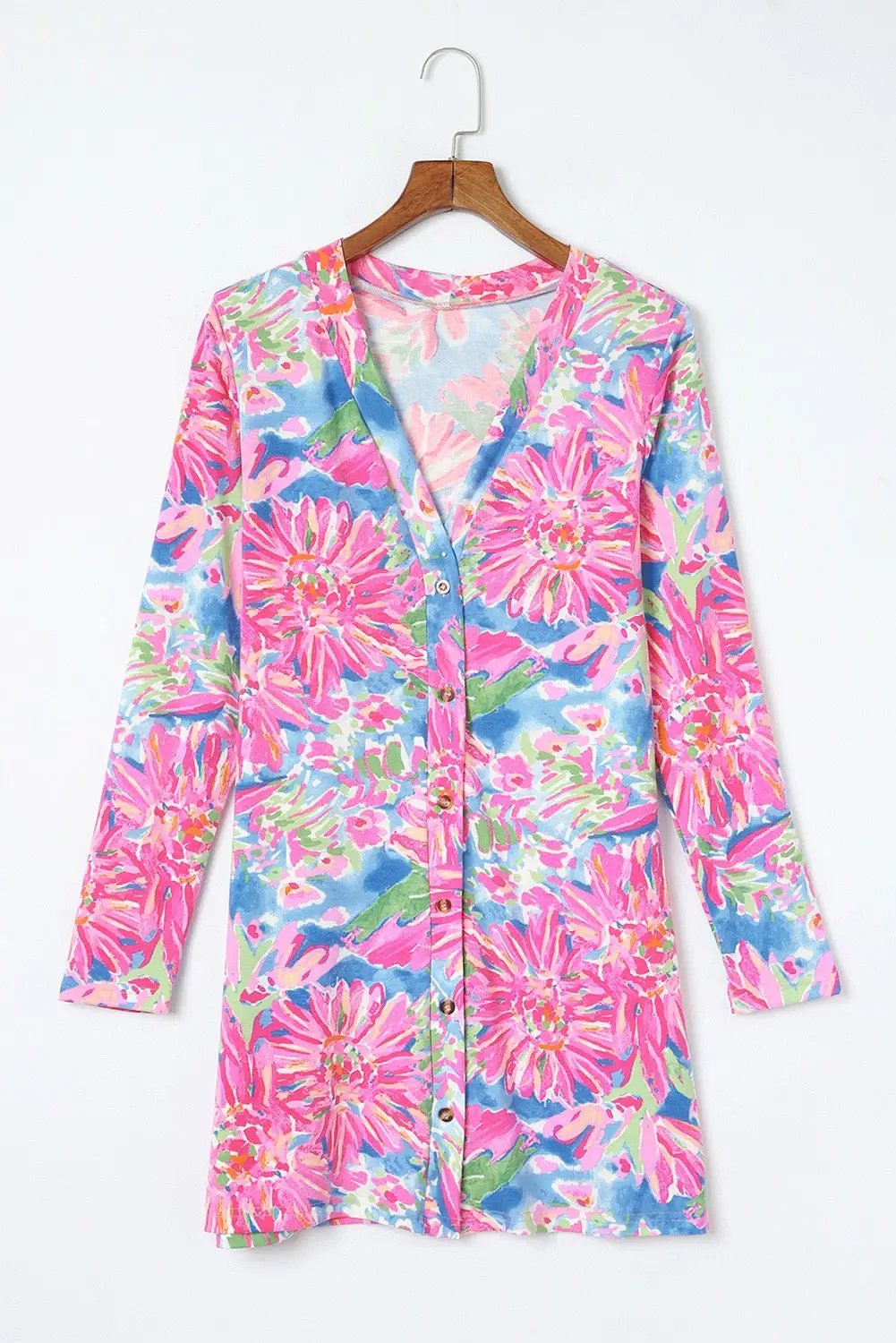 Grateful Threads Boutique Pink Flower Print Long Sleeve Button Up Cardigan - Cardigans Pink Flower Print Long Sleeve Button Up Cardigan