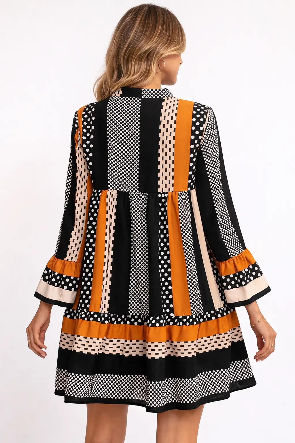 Grateful Threads Boutique Polka Dot Mini Dress – Black Striped Ruffle Hem Statement - Dresses