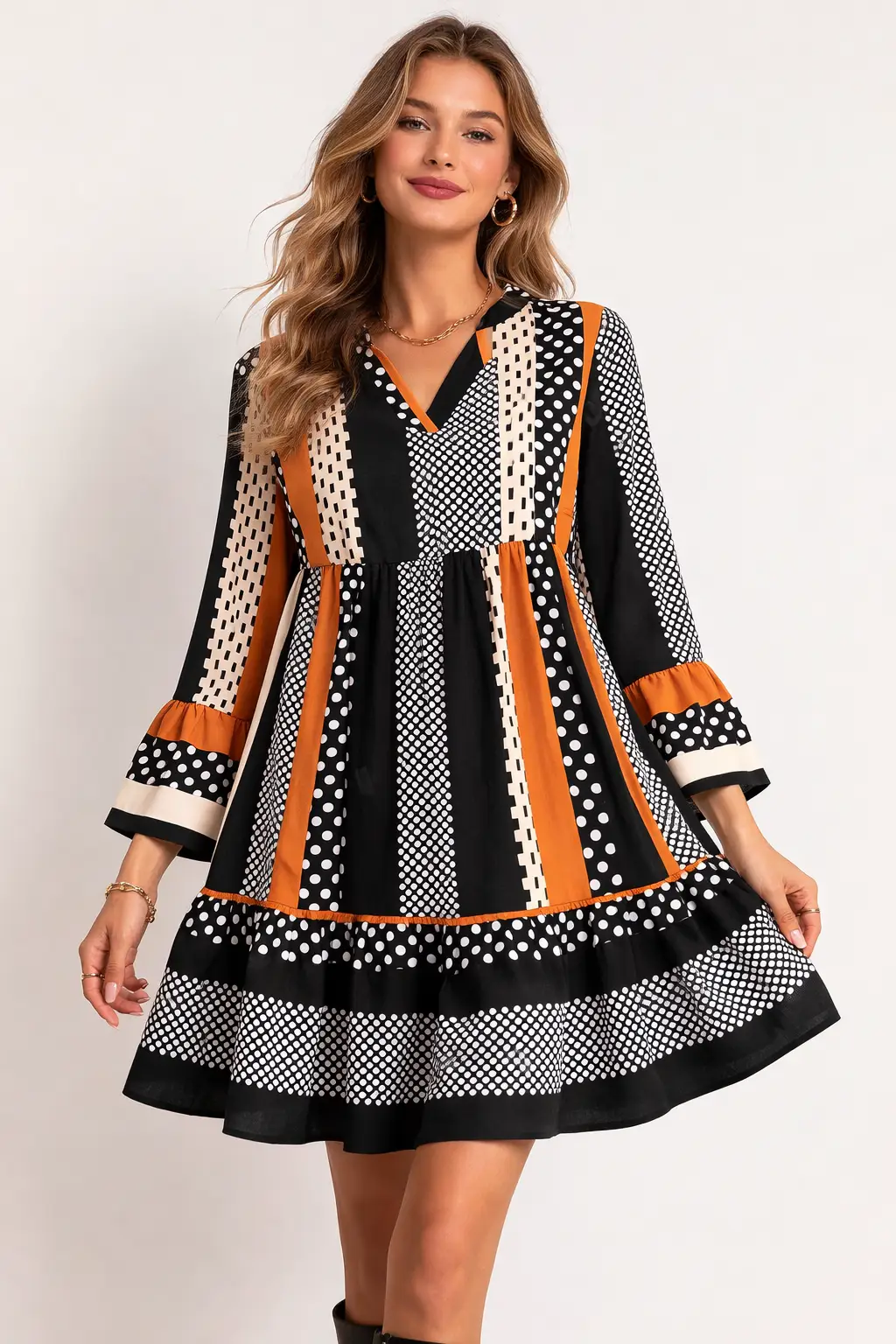 Grateful Threads Boutique Polka Dot Mini Dress – Black Striped Ruffle Hem Statement - Dresses