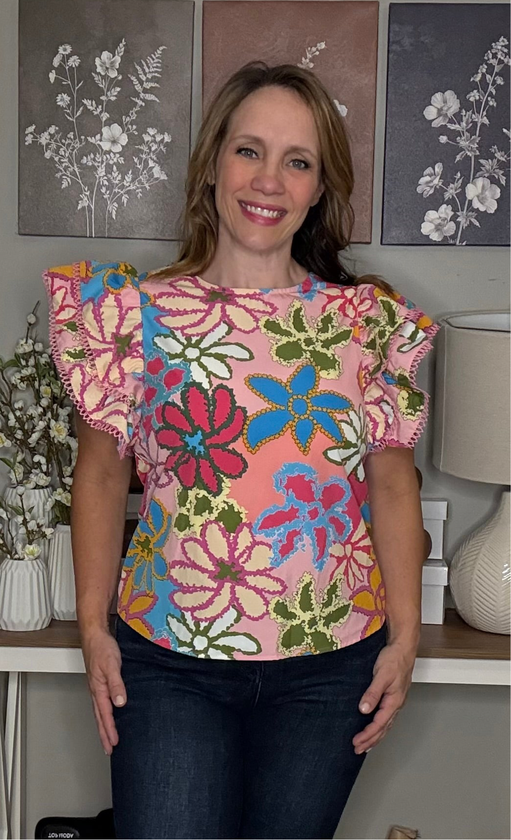 Grateful Threads Boutique Multicolor Vibrant Floral Print Trimmed Ruffle Sleeve Blouse - Blouses Multicolor Vibrant Floral Print Trimmed Ruffle Sleeve Blouse