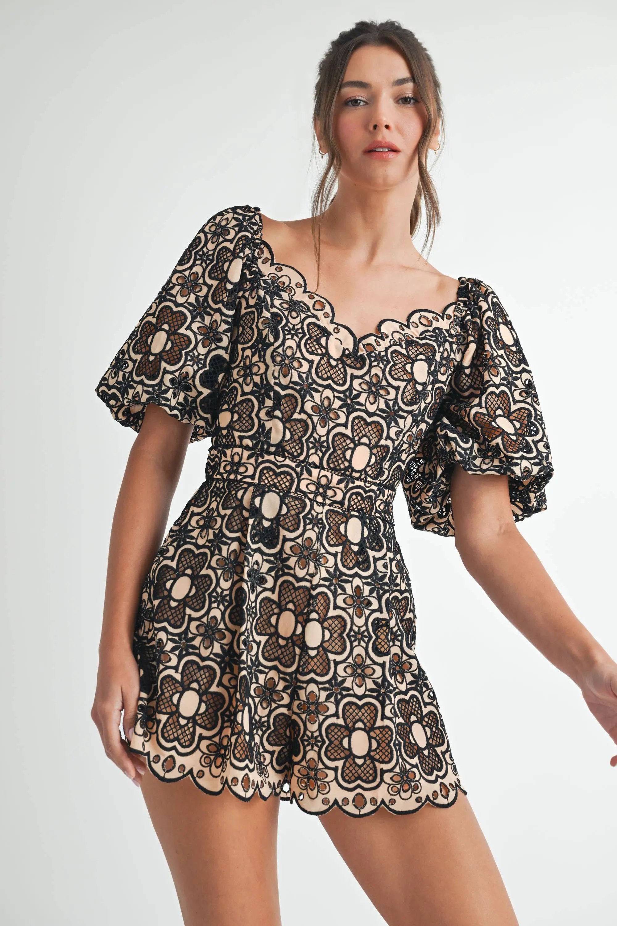 Endless Blu Endless Blu Taupe and Black Crochet Short Sleeve Romper - One-Pieces