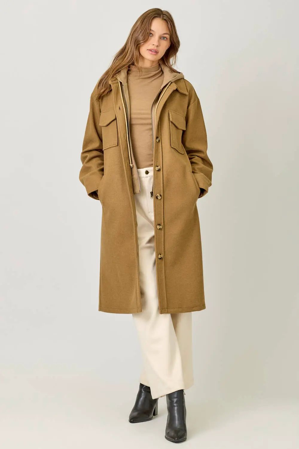 Mystree Mystree - Warm Sand Twofer Hoodie Long Coat - Overcoats