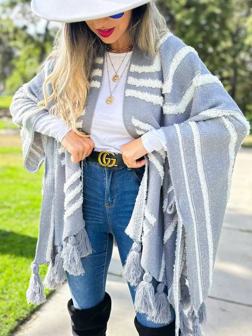AMOLI AMOLI - Grey Western Textured Pattern with Chunky Tassel Cardigan - Cardigans