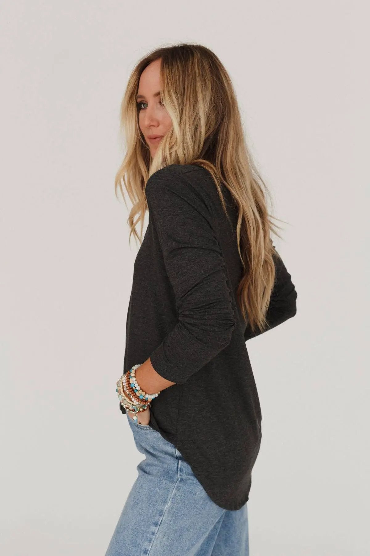 Three Bird Nest Three Bird Nest - Ryder Long Sleeve Bralette Tee - Charcoal - Clothing Tops tops-basics