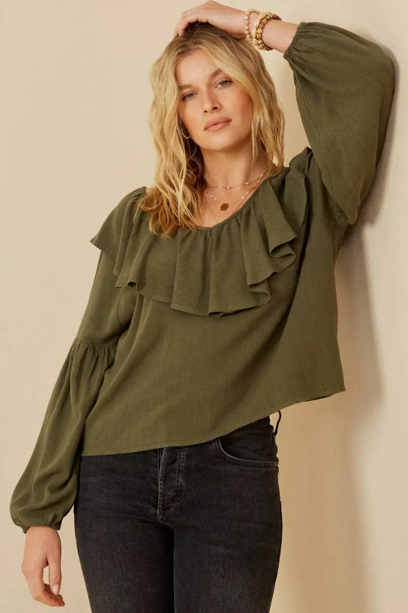 Hayden LA Hayden LA - Womens Exaggerated Ruffled V-Neck Puff Sleeve Top: Olive - Blouses top-blouse
