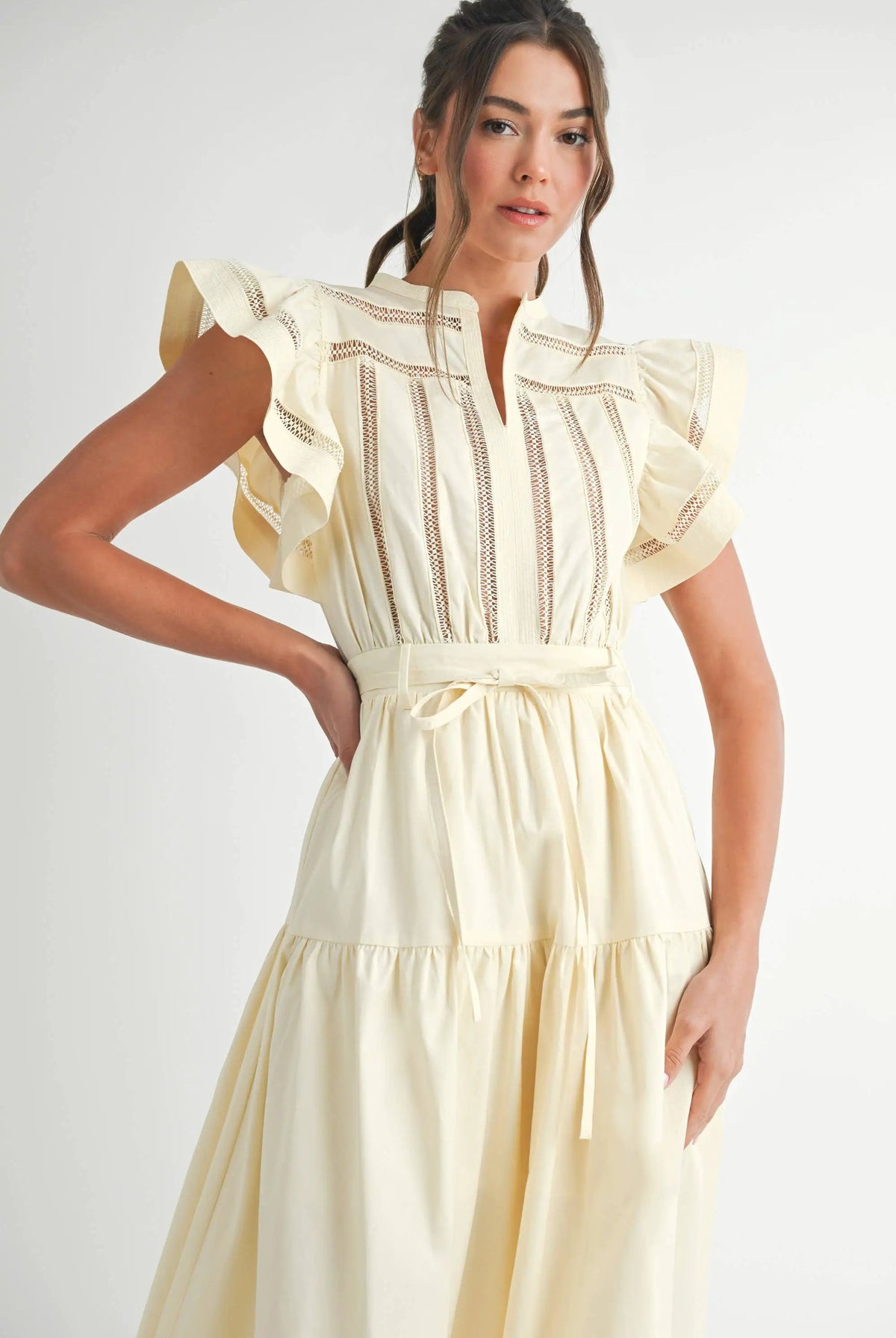 Endless Blu Endless Blu Cream Short Sleeve Tiered Midi Dress - Dresses