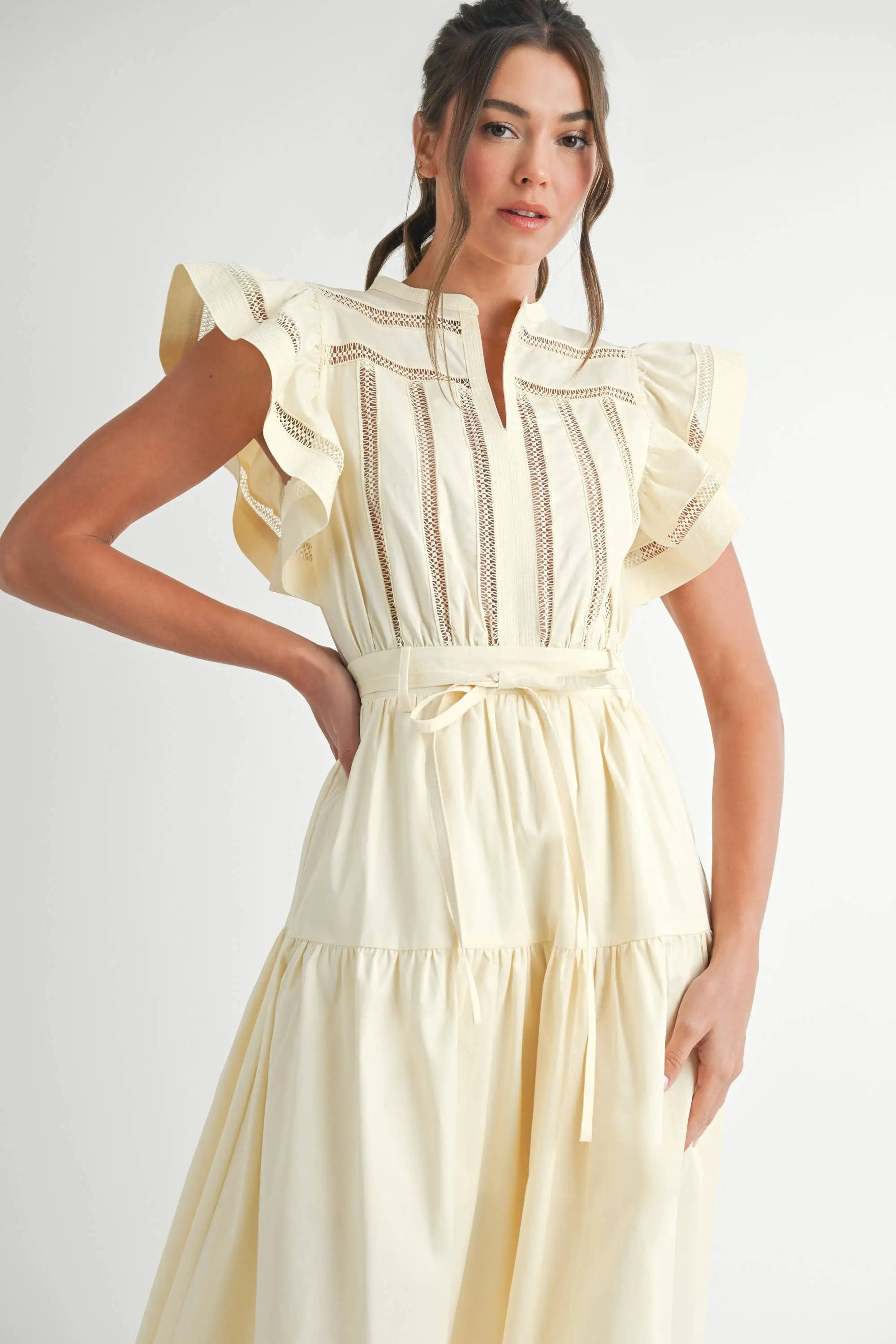 Endless Blu Endless Blu Cream Short Sleeve Tiered Midi Dress - Dresses