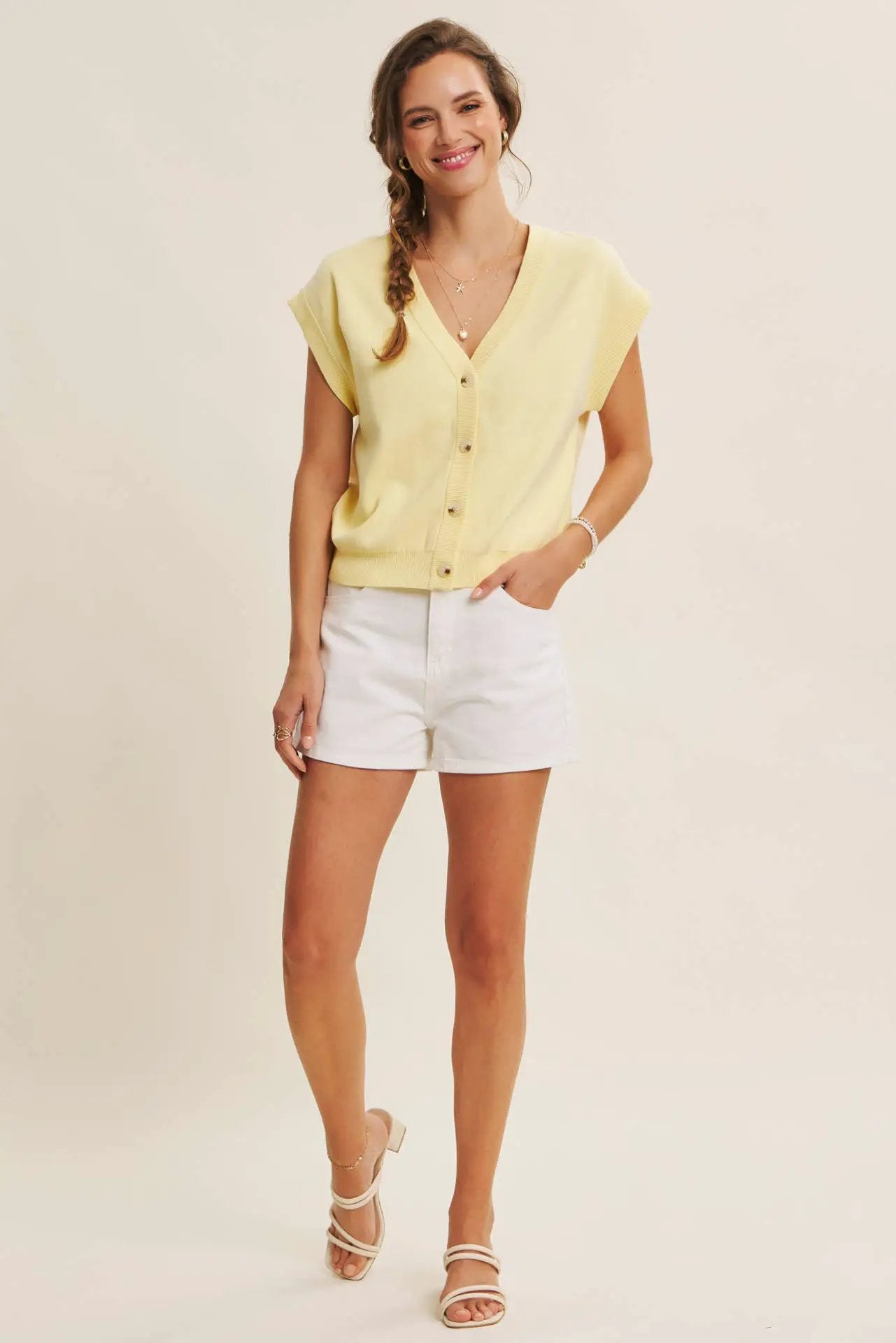 in february Multi-Way Versatility Soft Cotton Button-Down Sweater Vest: Banana Cream - Dresses