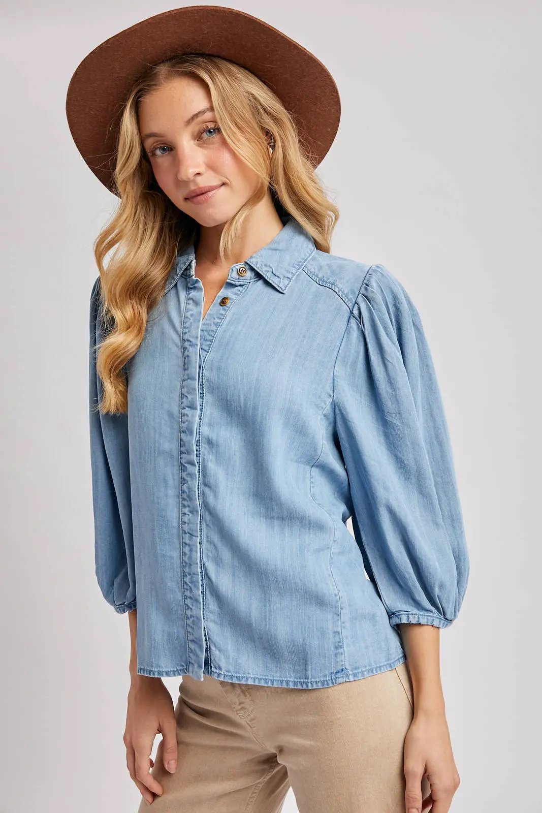 Bluivy The Chambray Ballon Sleeve Button-Up - Blouses
