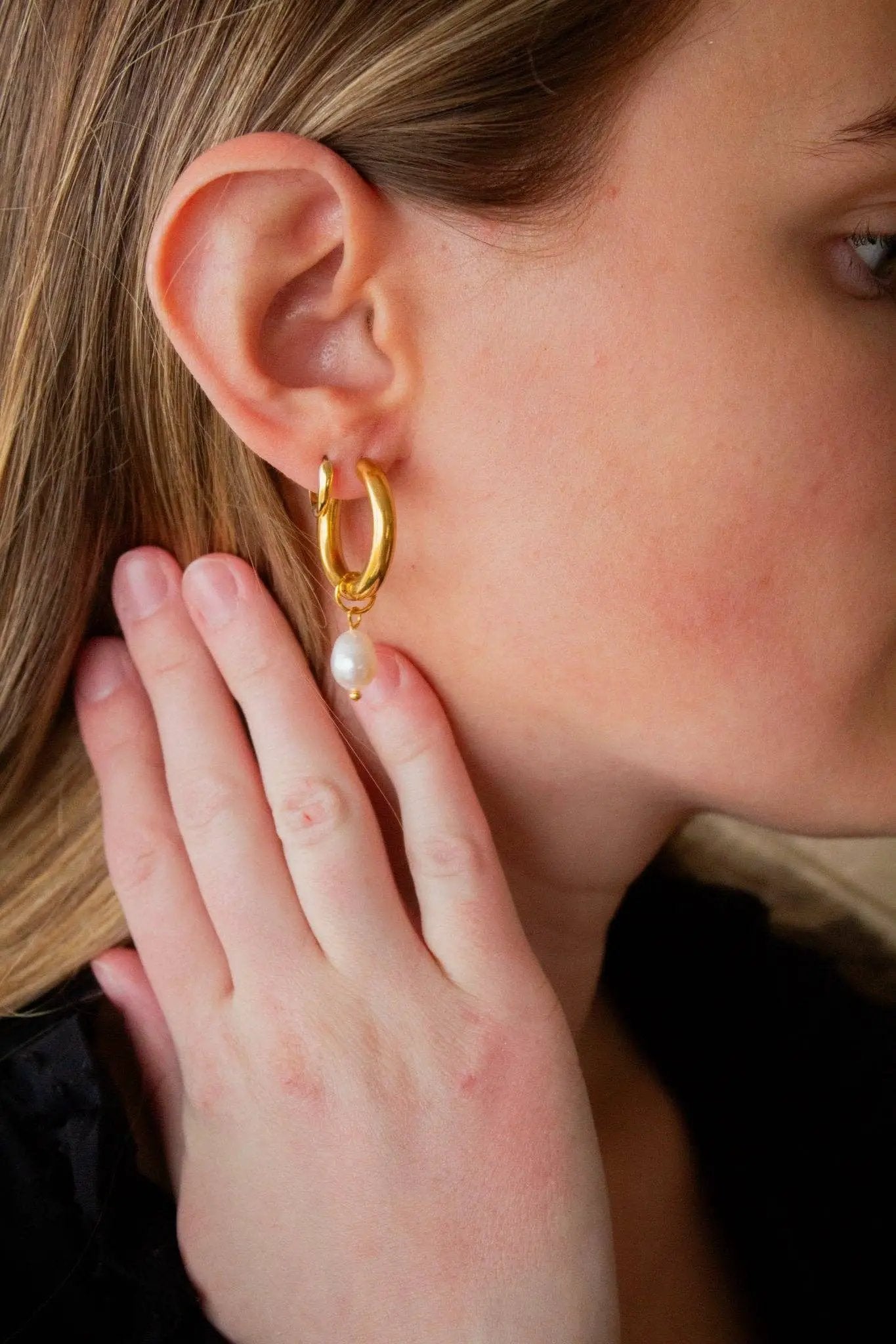 Shop ANDi Shop ANDi - Pearl Dangle Hoops - Jewelry Hoop and pearl earrings
