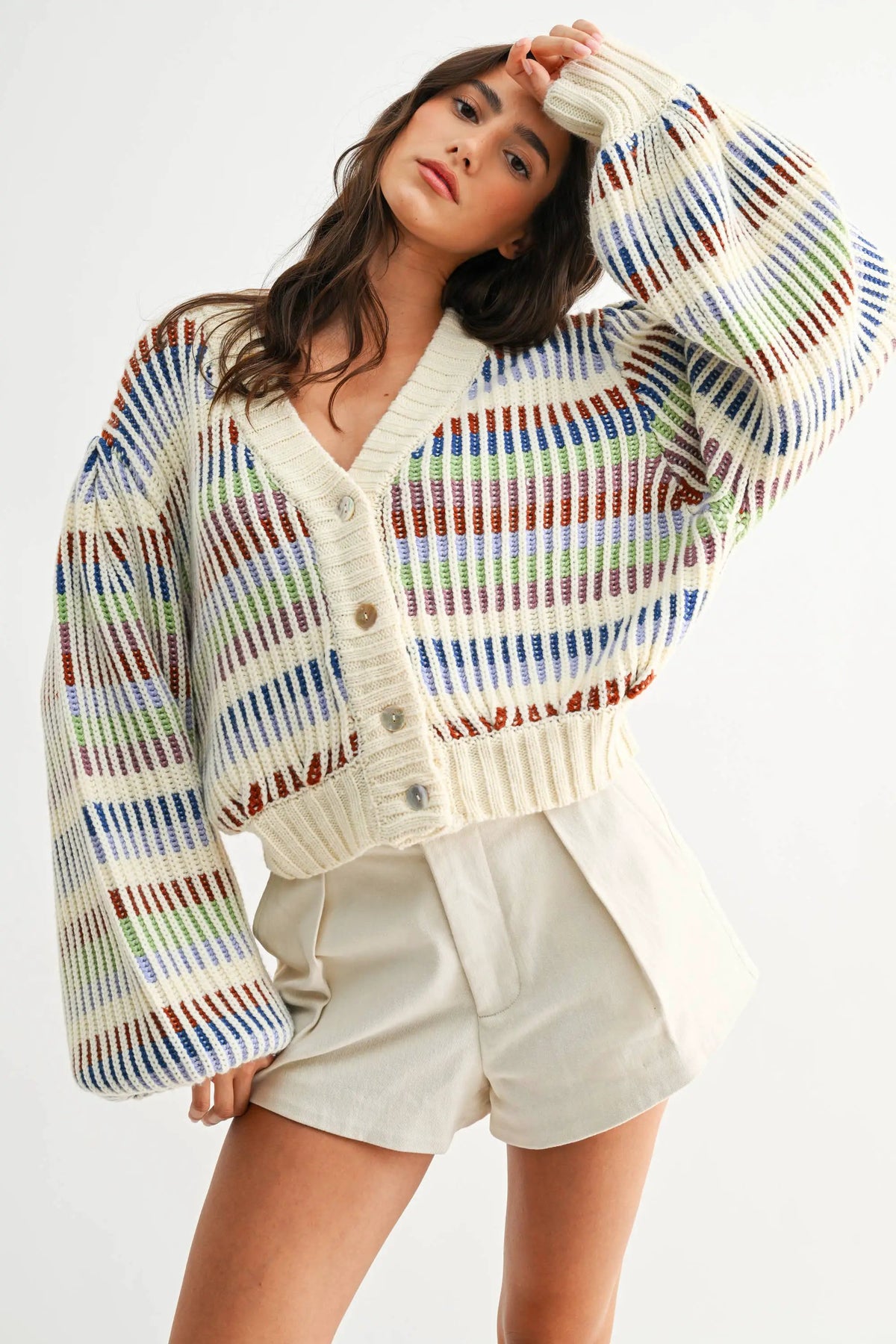 Camellia Camellia - CWT26016 Multicolor Striped Chunky Knit Cardigan: MULTI STRIPE / S-M-L (3-2-1) -
