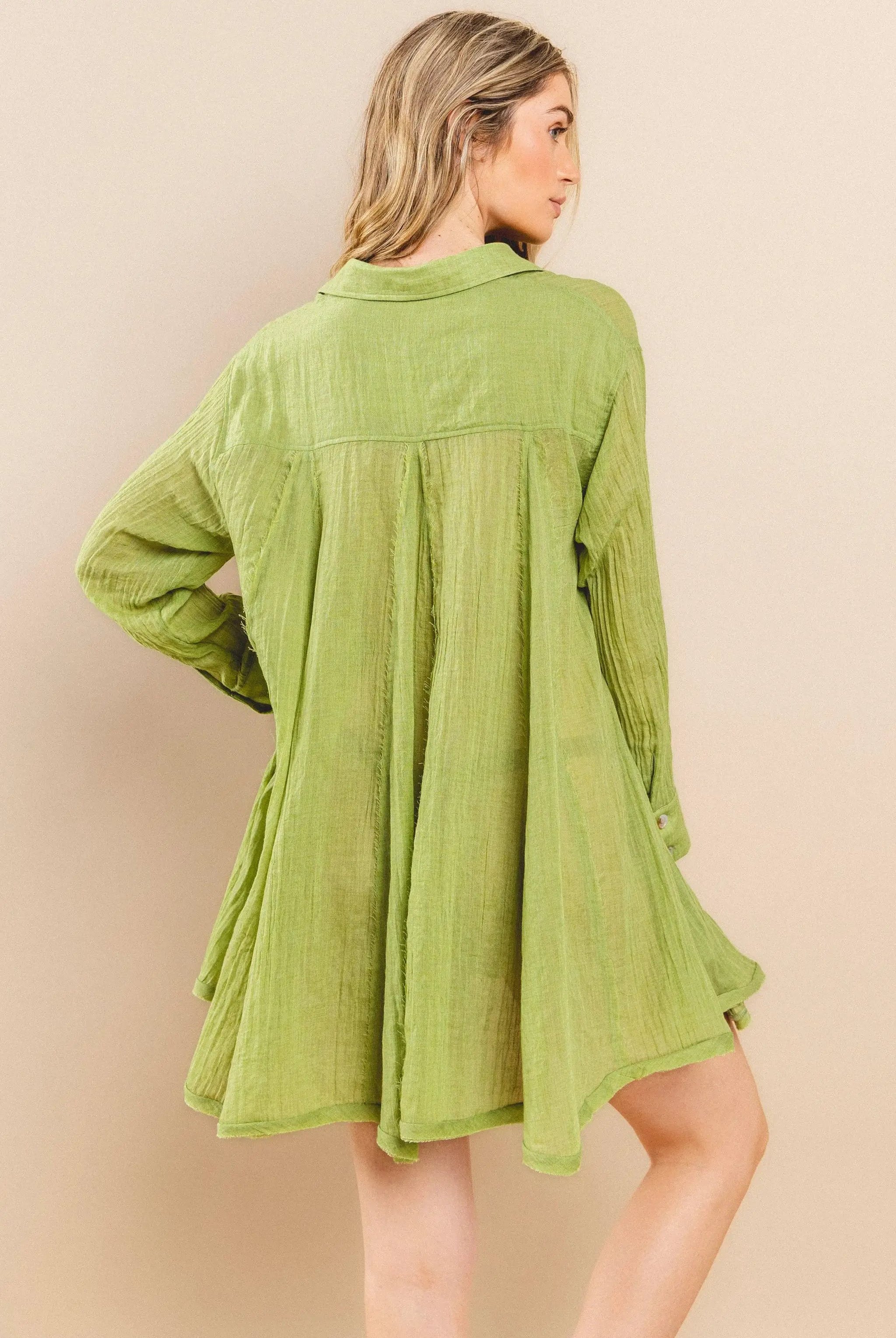 WISTERIA LANE Wisteria Lane - Lime Gauze Wide Sweep Paneled Shirt Dress - Dresses