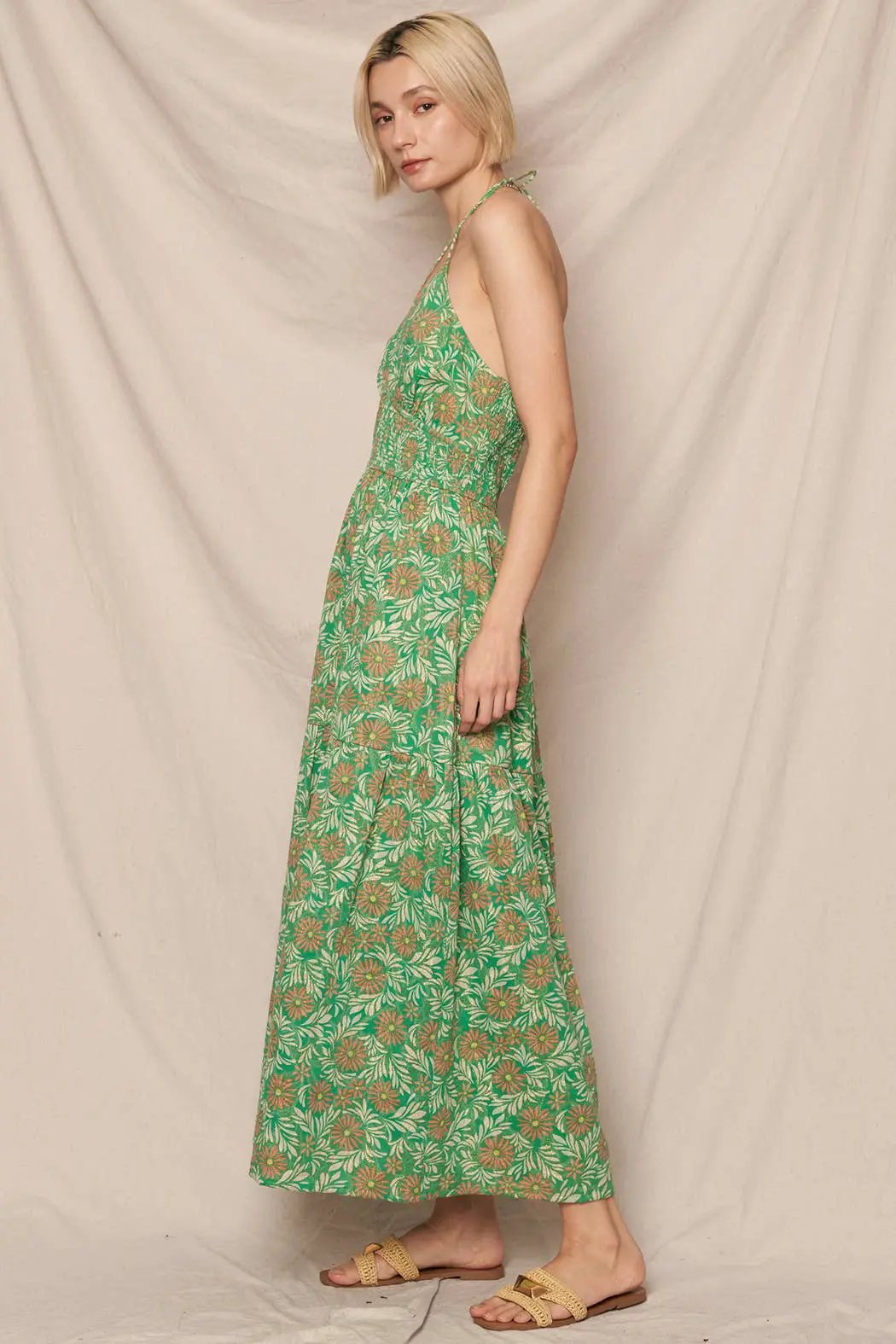 En Crème En Crème Green Floral Print Strappy Halter Neck Midi Dress with Lurex - Dresses floral print strappy dress