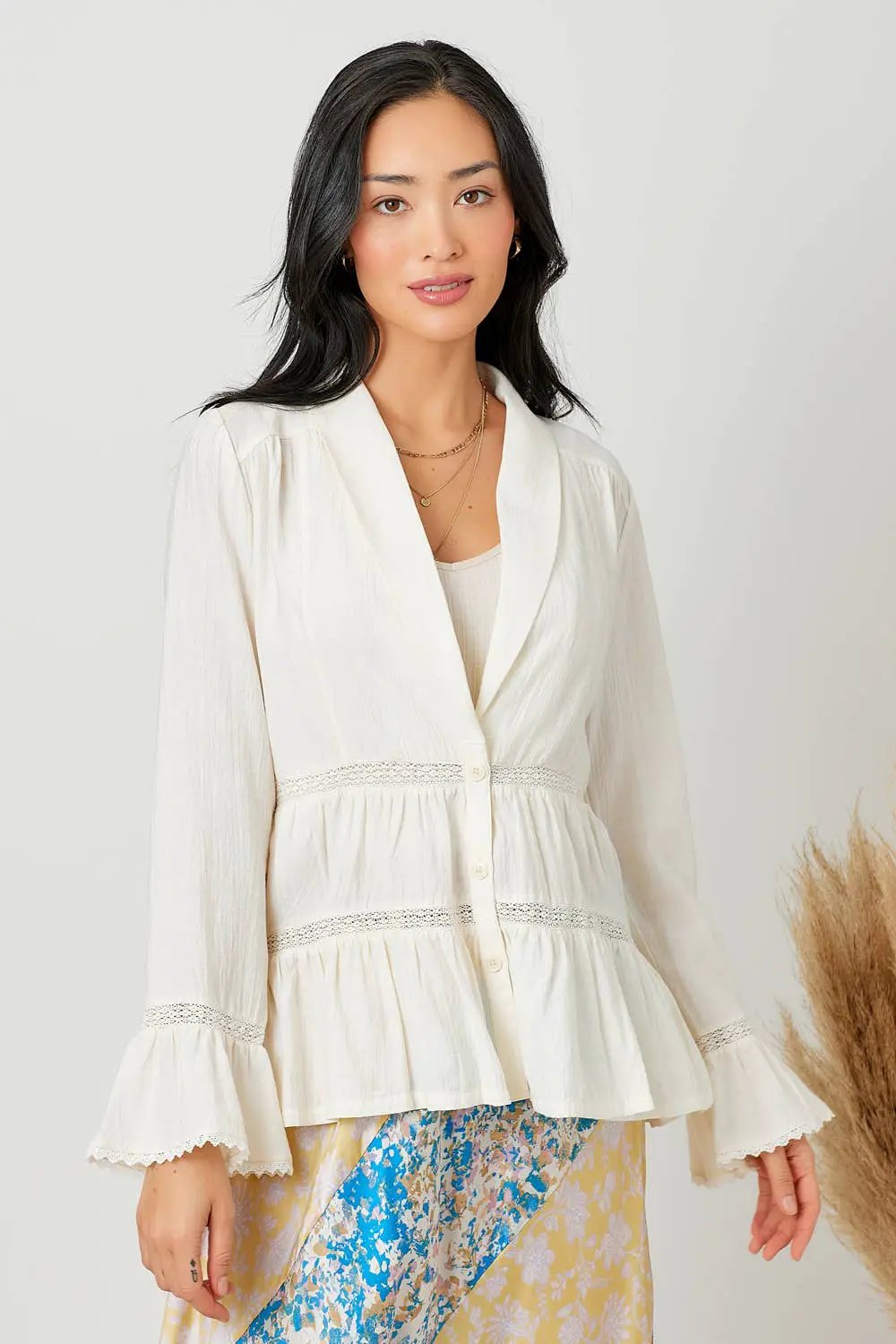Mystree The Whispering Willow Tiered Lace Button-Down Blazer - Blouses