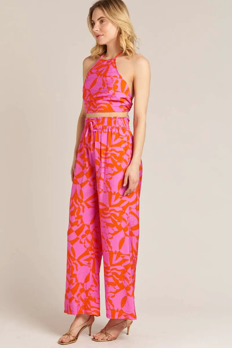 En Crème En Crème Pink Orange Printed Cropped Halter Top and Pants Set - Dresses printed cropped halter top and pant set
