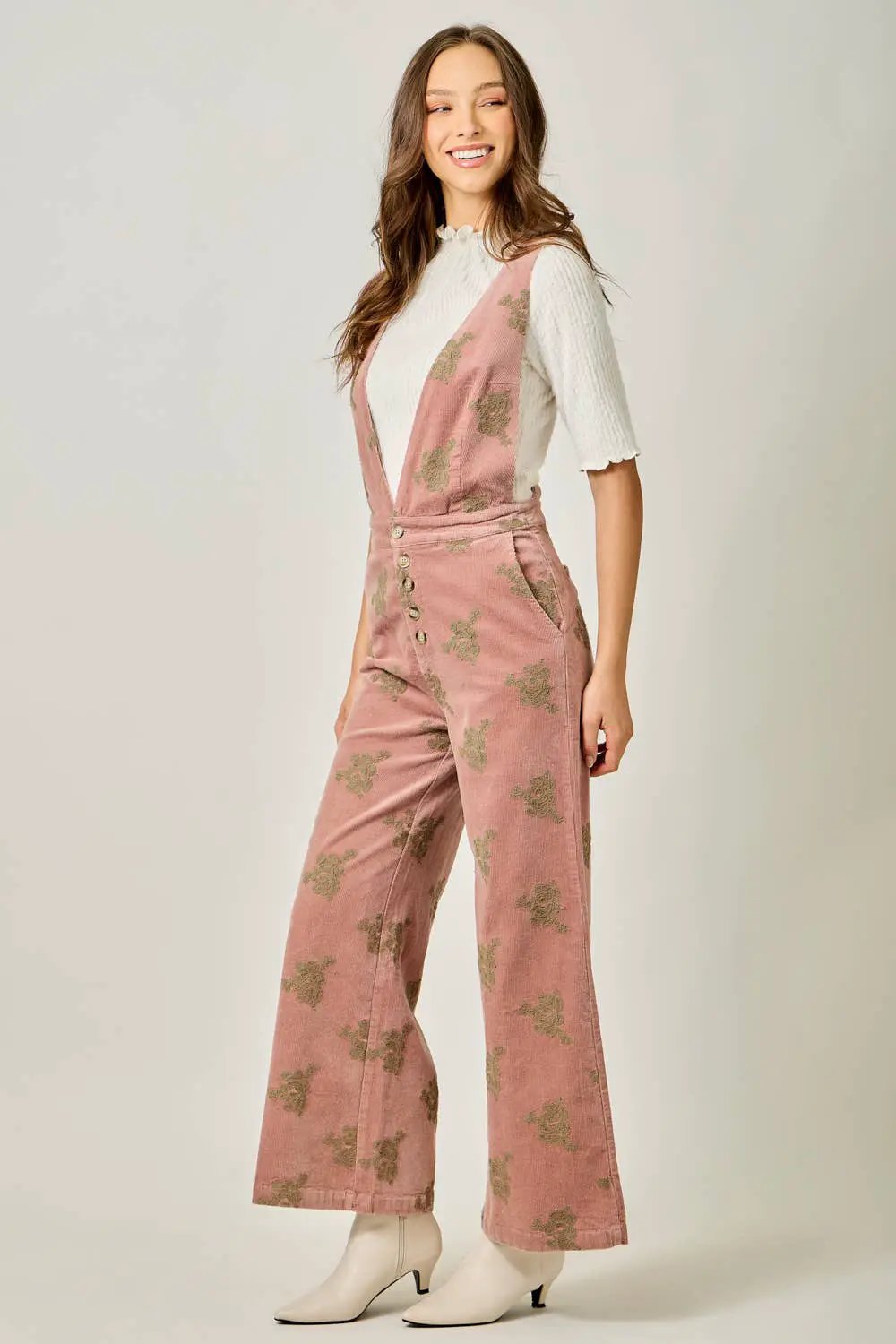 Mystree The Blushing Beauty Embroidered Corduroy Jumpsuit - One-Pieces