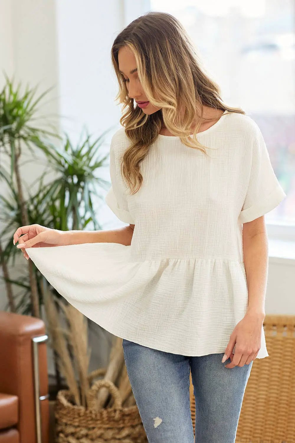 lovely melody Cotton Double Gauze Solid Babydoll Blouse - Blouses cotton gauze babydoll blouse