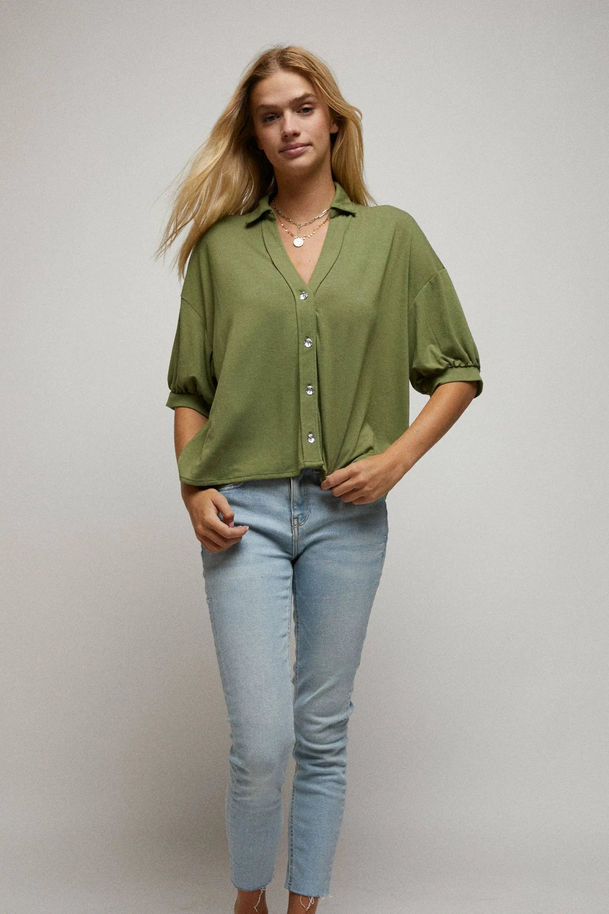 Cerule Elbow Sleeves W/Rhinstone Button Down Crop Shirt - Shirts