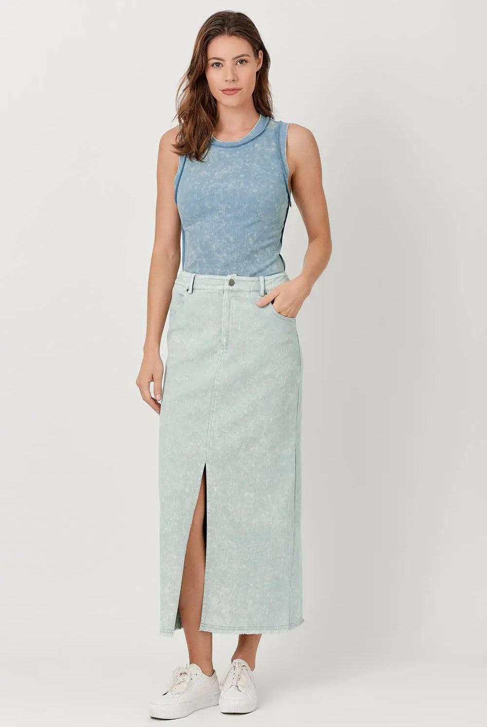 Mystree Mystree - Coastal Cool Ice Blue Washed Front Slit Midi Skirt - Skirts