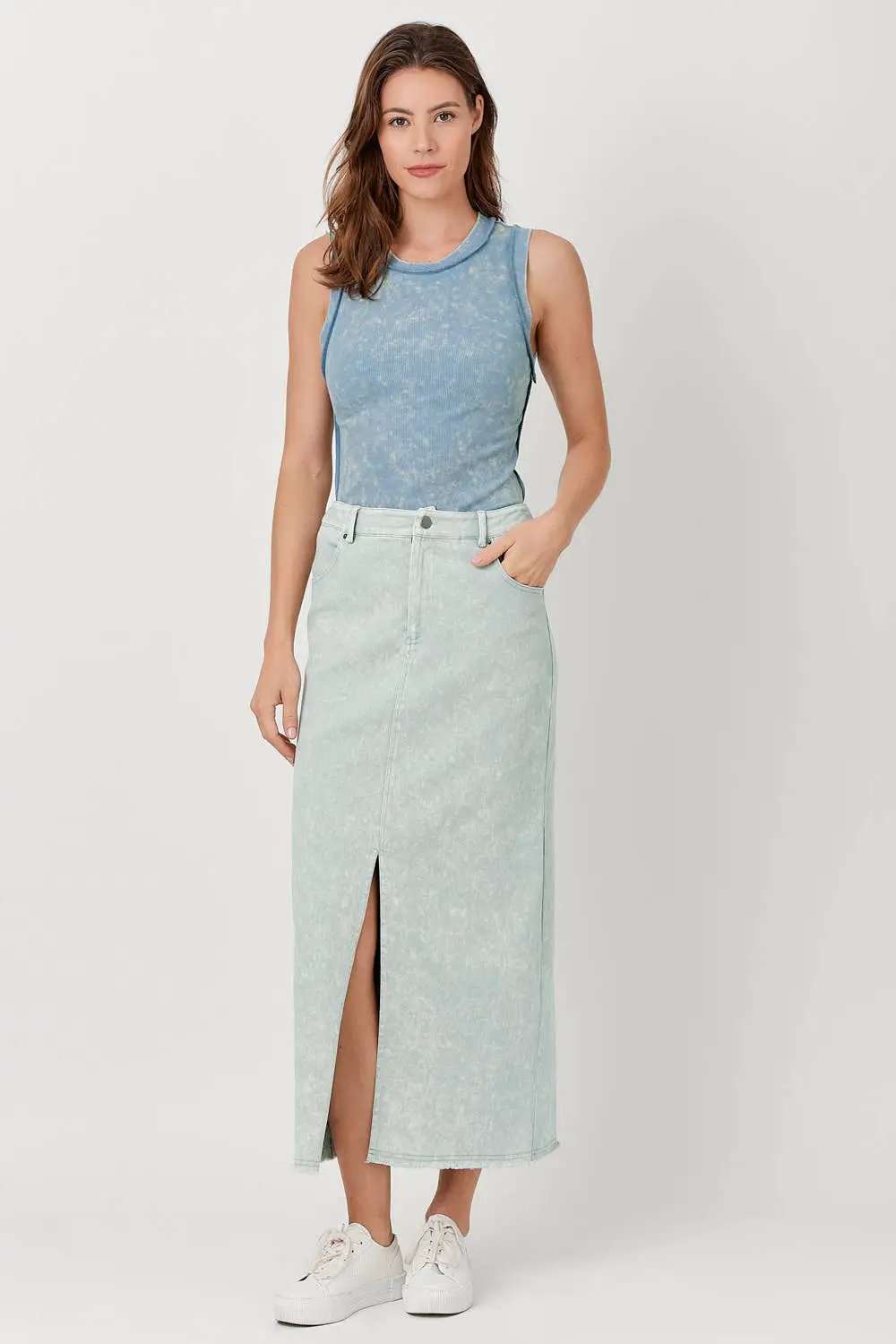 Mystree Mystree - Coastal Cool Ice Blue Washed Front Slit Midi Skirt - Skirts