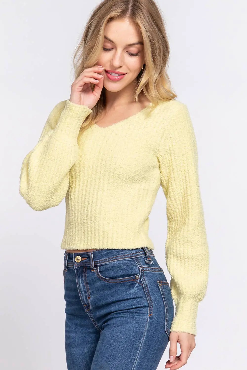 Active Basic | Active USA Active Basic | Active USA - Long Puff Sleeve V-neck Rib Sweater Top - Sweaters