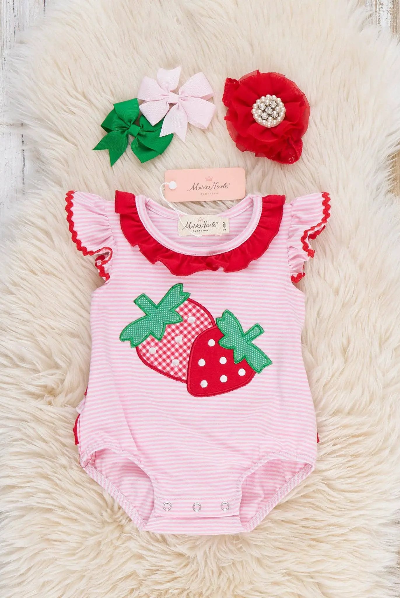 Marie Nicole Clothing Marie Nicole Clothing - Strawberry Twins Striped Embroidered Cotton Ruffle Bubble Romper - Baby One-Pieces