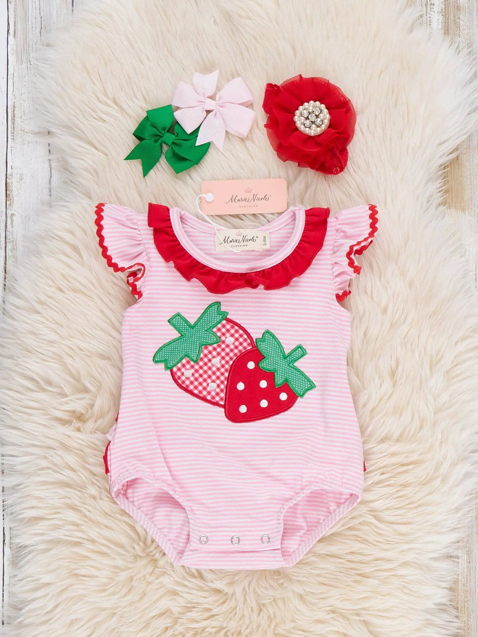 Marie Nicole Clothing Marie Nicole Clothing - Strawberry Twins Striped Embroidered Cotton Ruffle Bubble Romper - Baby One-Pieces