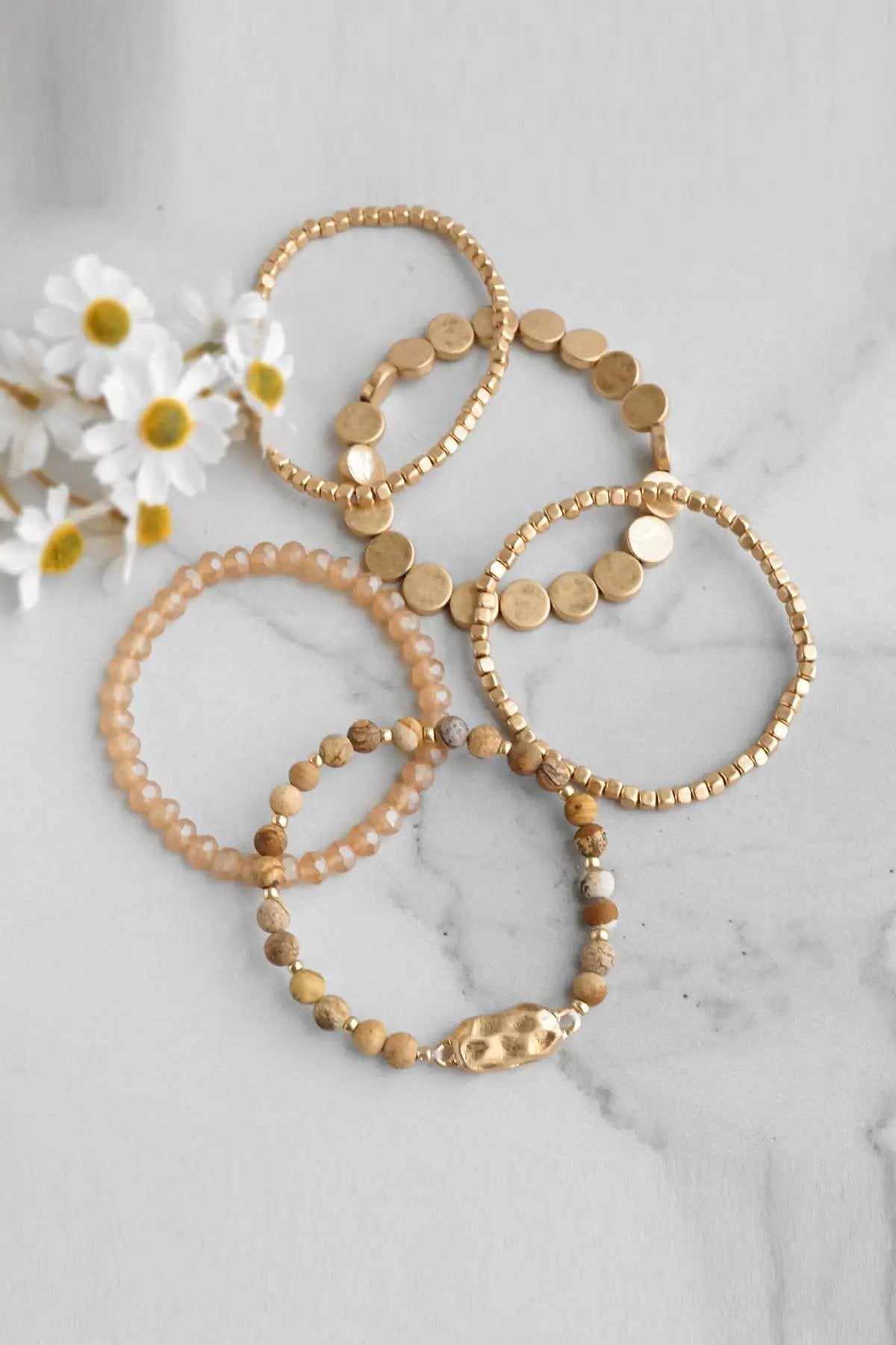 PennyLine inc The Boho Beaded Jasper (Golden Orange) Stone Five Stack Bracelet Set - Jewelry boho beaded bracelet stack