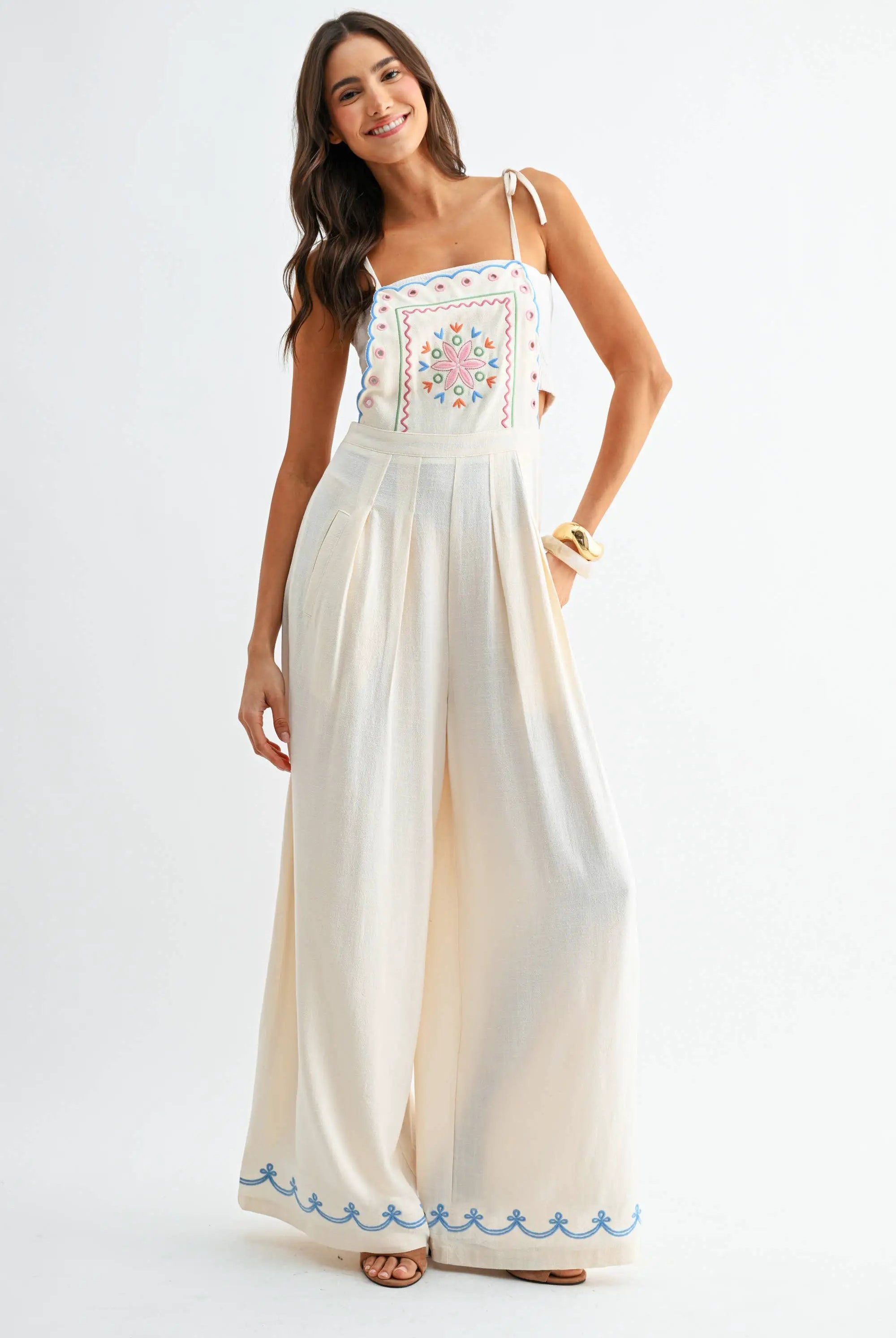 Camellia The Embroidered Wide-Leg Jumpsuit: CREAM - One-Pieces