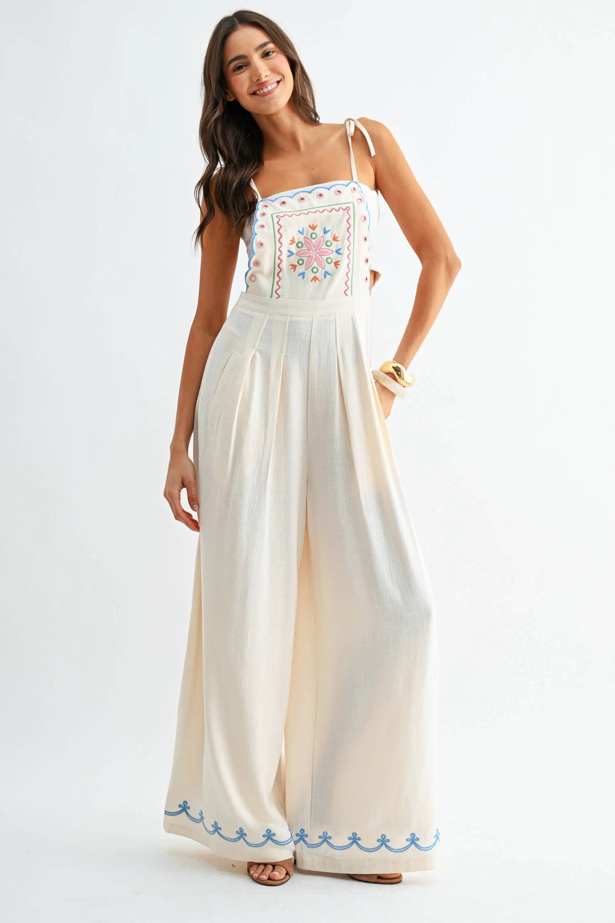 Camellia The Embroidered Wide-Leg Jumpsuit: CREAM - One-Pieces
