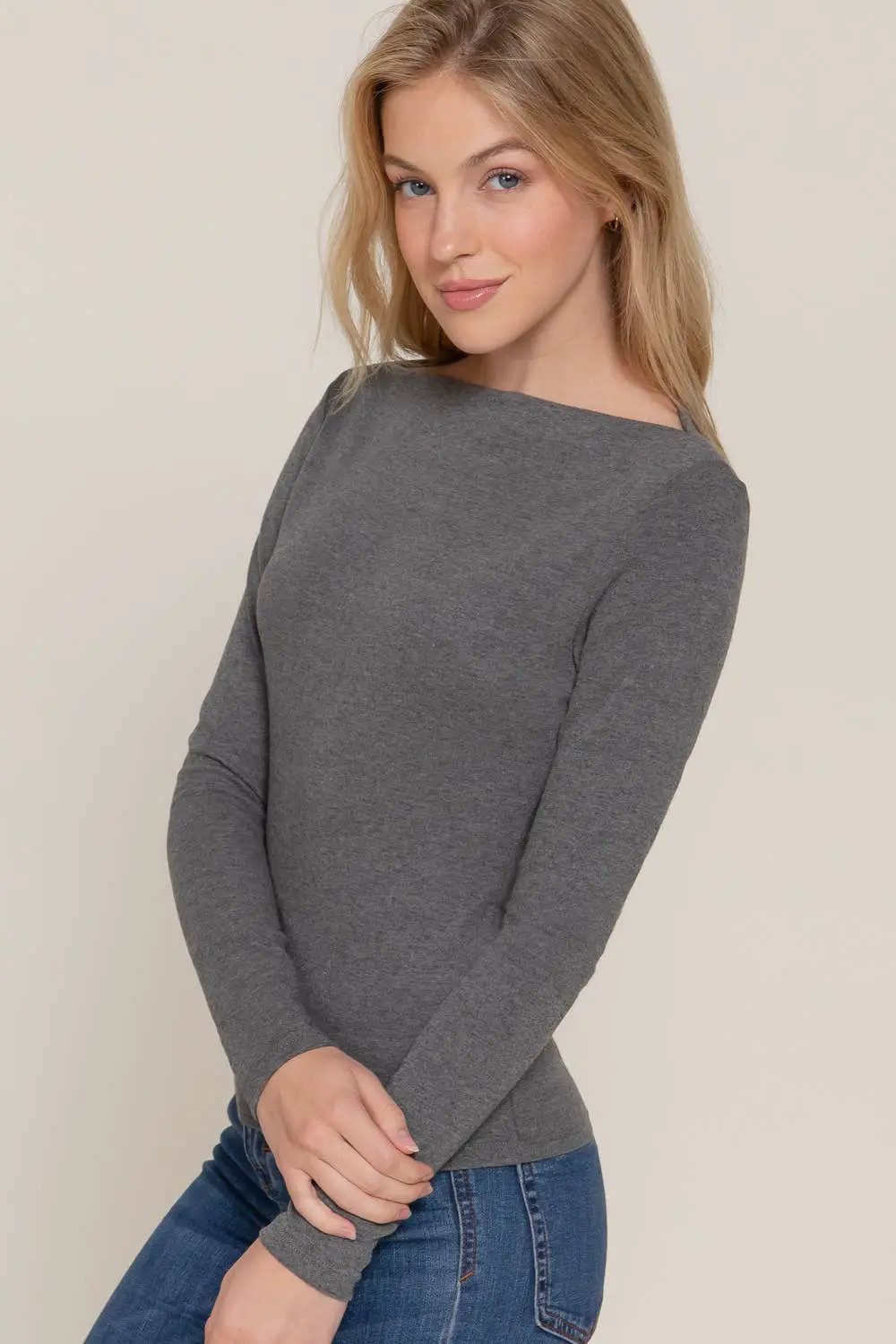 Active Basic | Active USA Chasing Charcoal Wide Boat Neck Ribbed Knit Top - Shirts