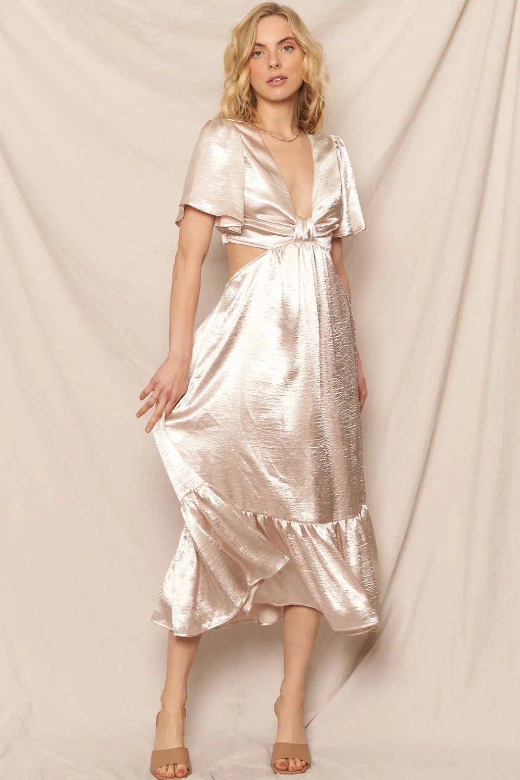 En Crème En Crème Ivory Satin Flutter Sleeve Open-Back Maxi Dress - Dresses