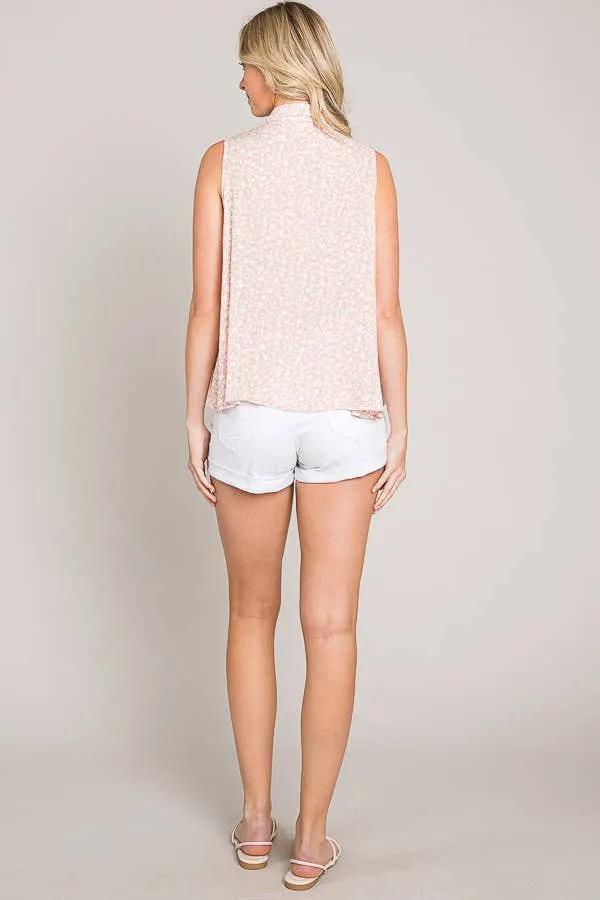 Cerule Ditsy Floral Button Up Sleeveless Ruffle Tiered Woven Shirt - Shirts