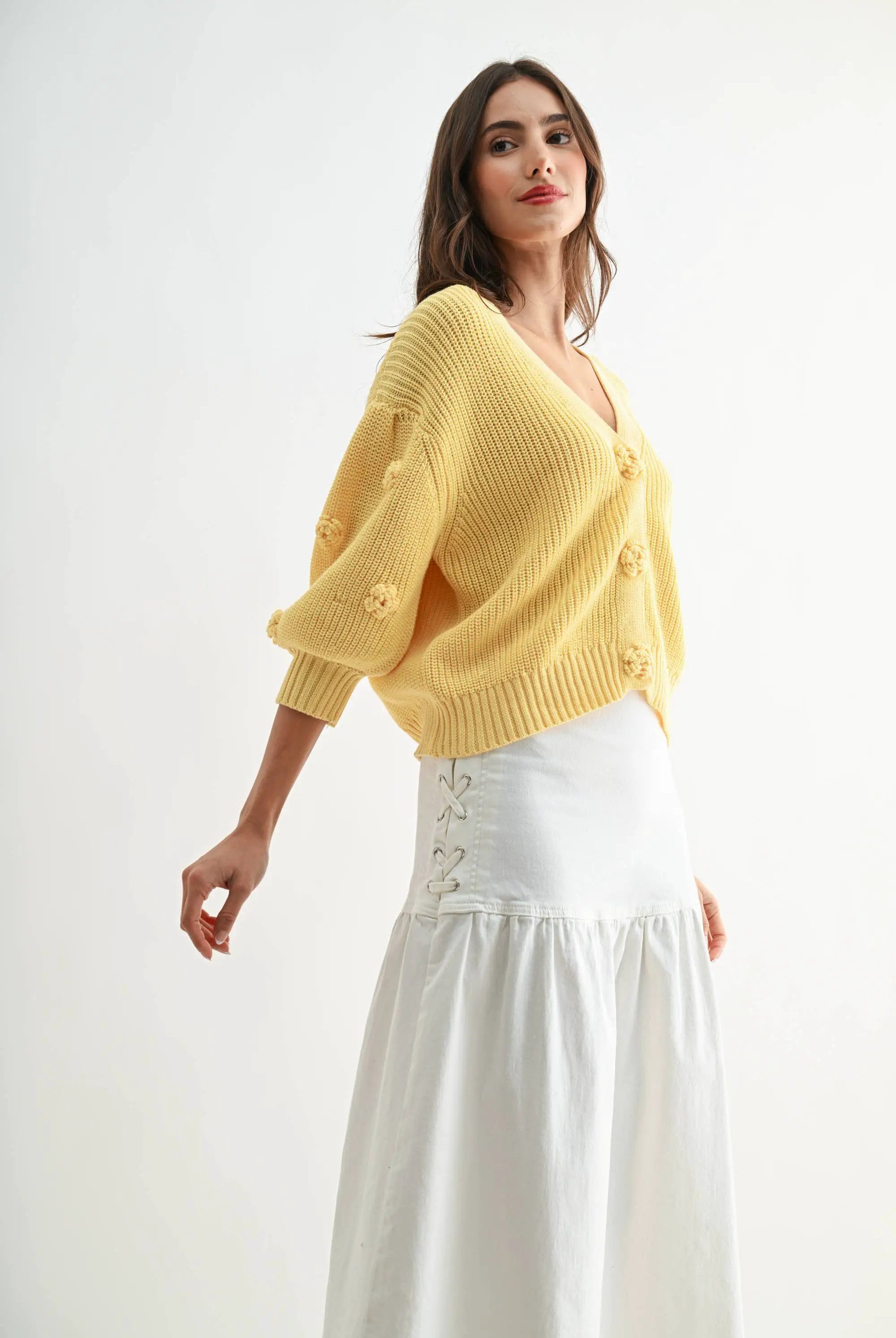 Model wearing LT.YELLOW textured knit cardigan with 3D button details and floral accents