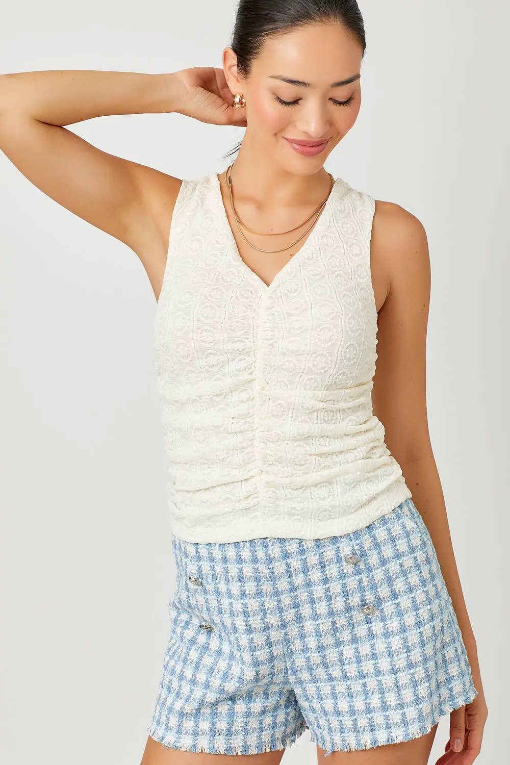 Mystree Mystree - Whisper White Ruched Floral Tank - Tank Tops