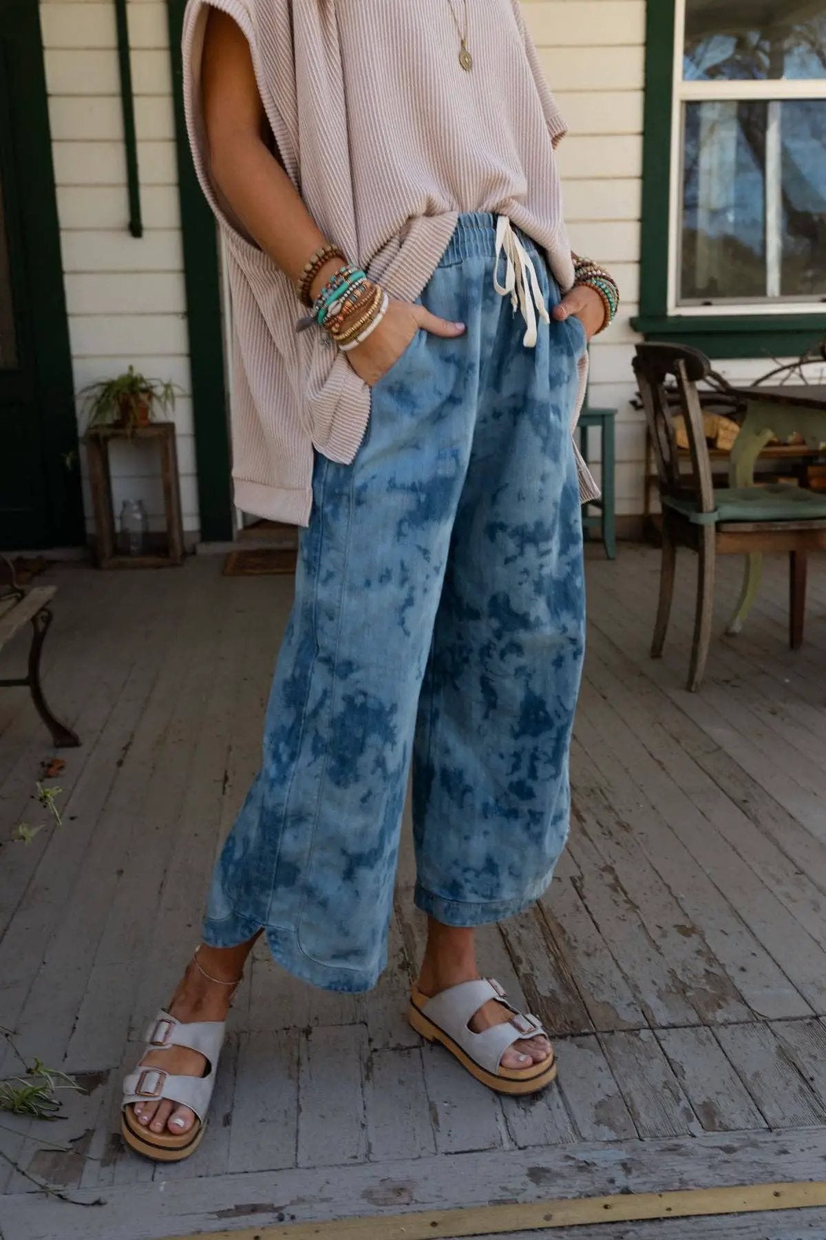 Three Bird Nest Three Bird Nest - So Comfy Wide Leg Cropped Pant - Bleach Dye Denim - Pants