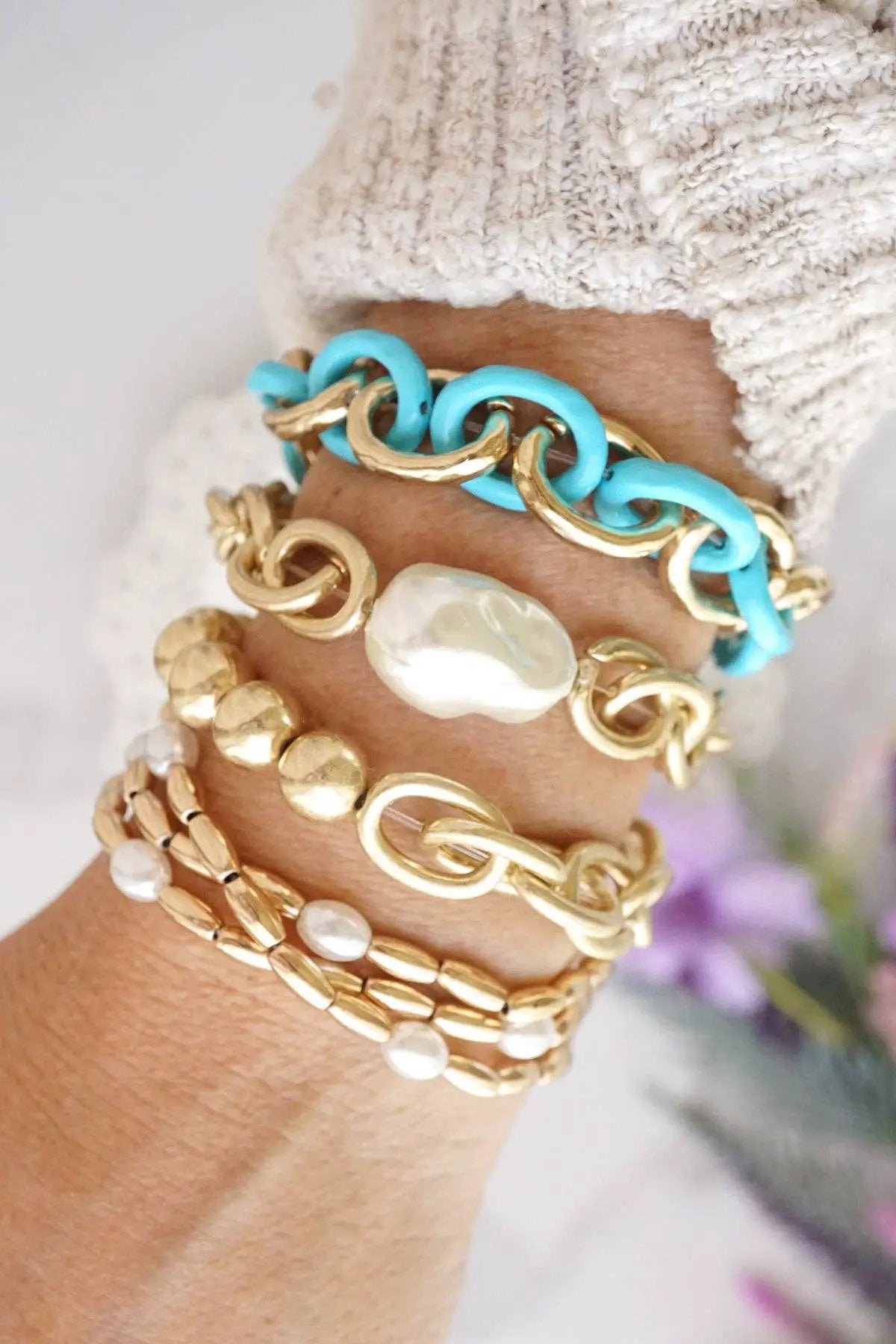 PennyLine inc Gold tone and pearls beaded bracelet stack of 3 bracelets - Jewelry gold tone and pearl bracelet stack