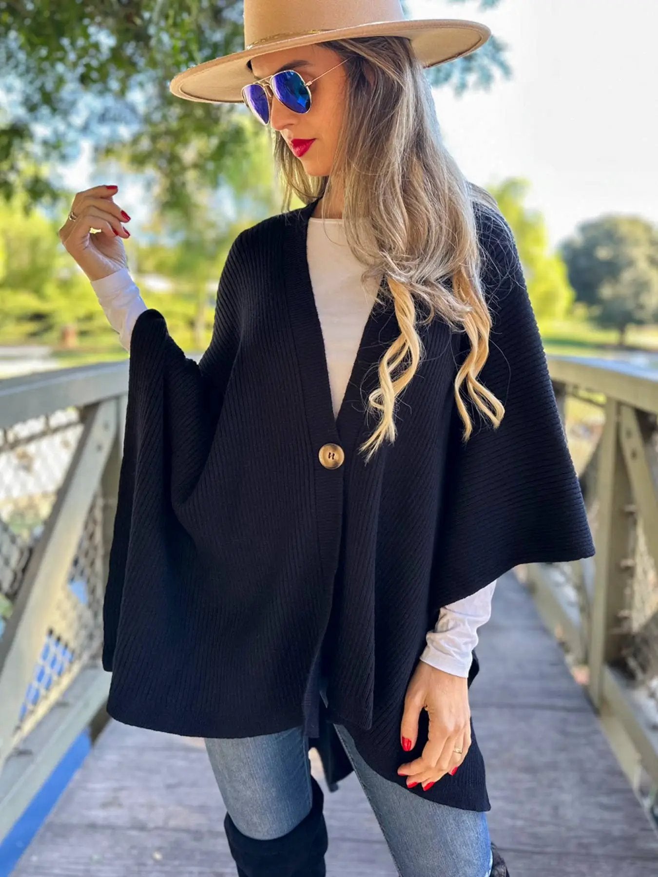 AMOLI AMOLI - Classic Black Ribbed Knit Cape Shawl Ruana with Button - Scarves & Shawls
