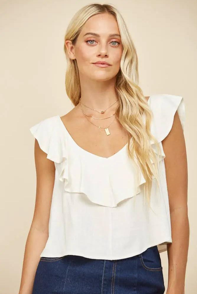 WISTERIA LANE Wisteria Lane - Soft Breeze Ruffled Linen Crop Blouse - Blouses