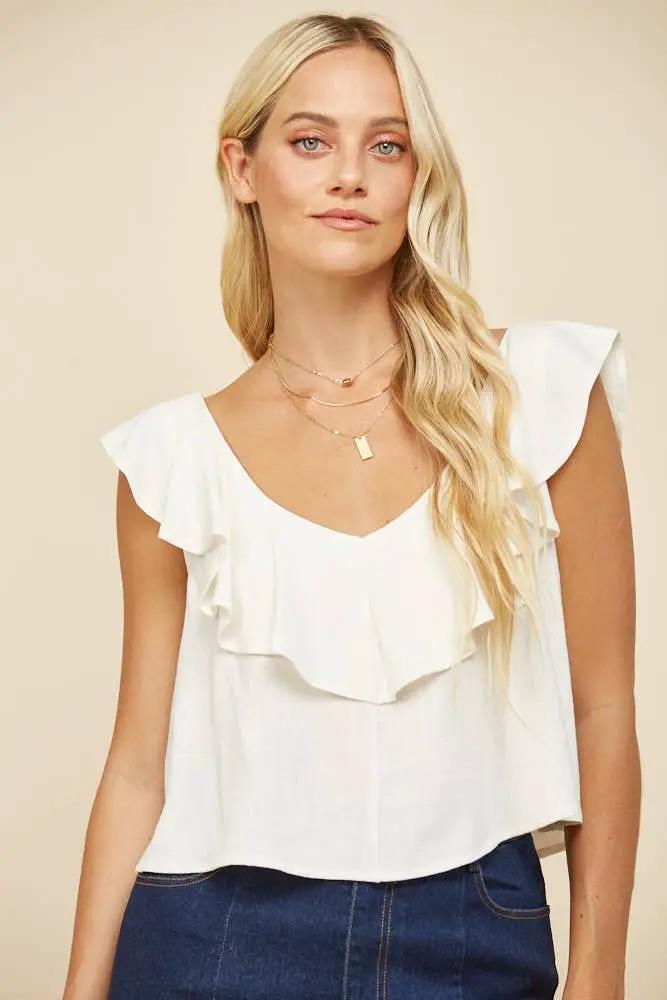 WISTERIA LANE Wisteria Lane - Soft Breeze Ruffled Linen Crop Blouse - Blouses