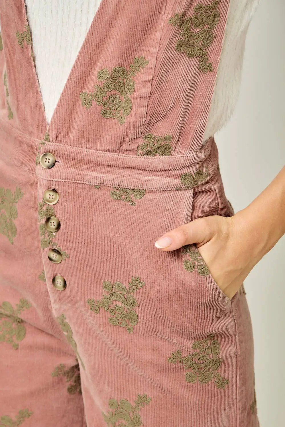Mystree The Blushing Beauty Embroidered Corduroy Jumpsuit - One-Pieces