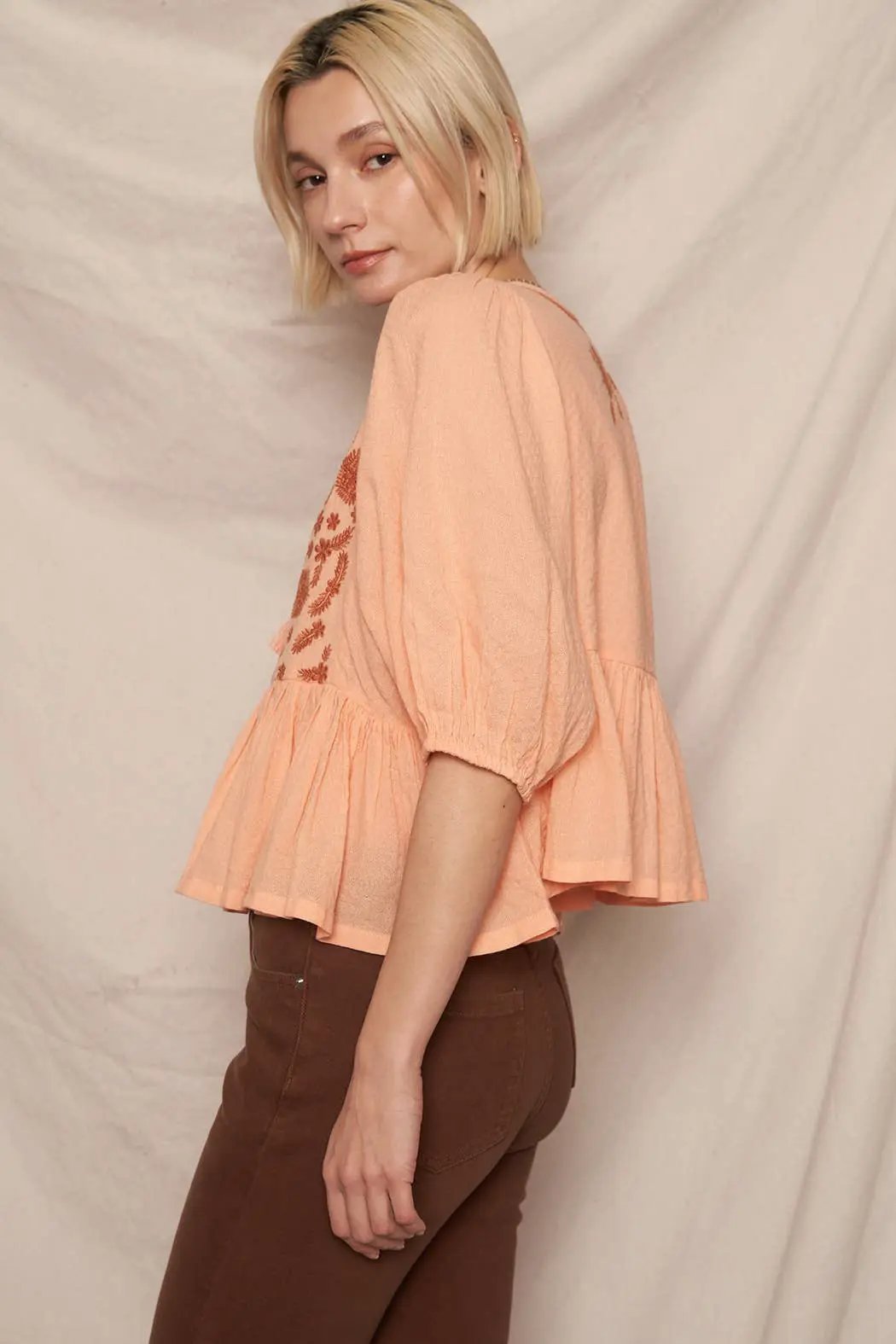 En Crème En Crème Coral & Rust Puff Sleeve Peplum Top with Embroidery Detail - Blouses Spring summer tops