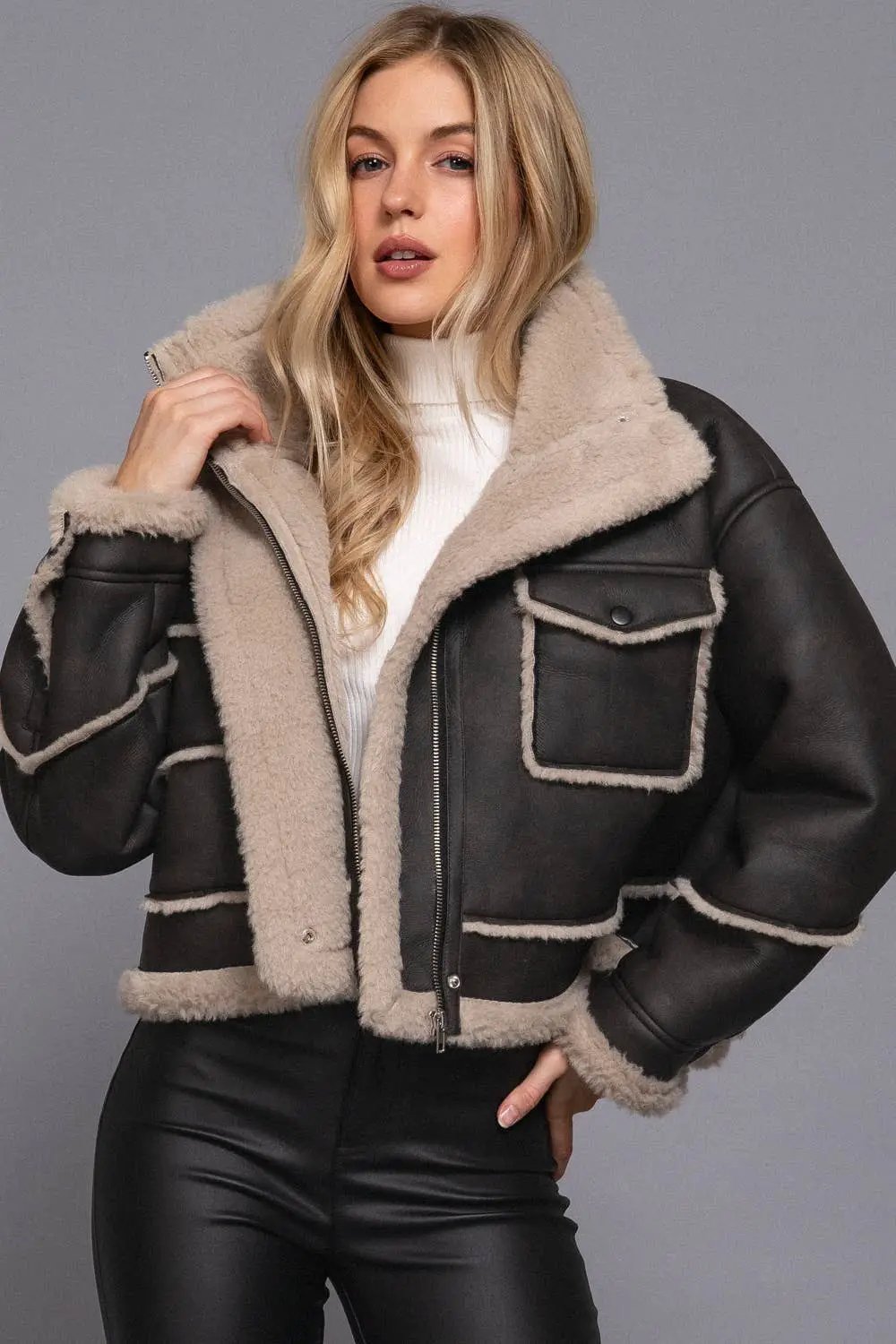 Active Basic | Active USA Active Basic | Active USA - Black Long Sleeve Pocket Detail Faux Leather Inner Fur Jacket - Bomber Jackets