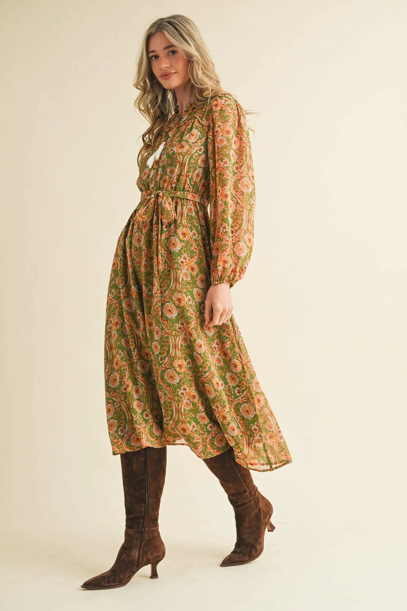 &MERCI Golden Grove Tassel Belted Midi Dress – Olive Floral - Dresses