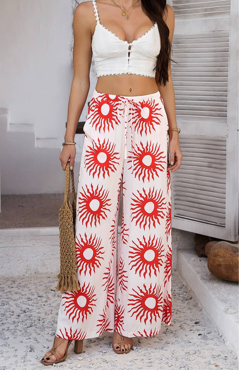Supreme Fashion Allover Print Drawstring Pockets Wide Leg Pants - Trousers Allover Print Drawstring Pockets Wide Leg Pants